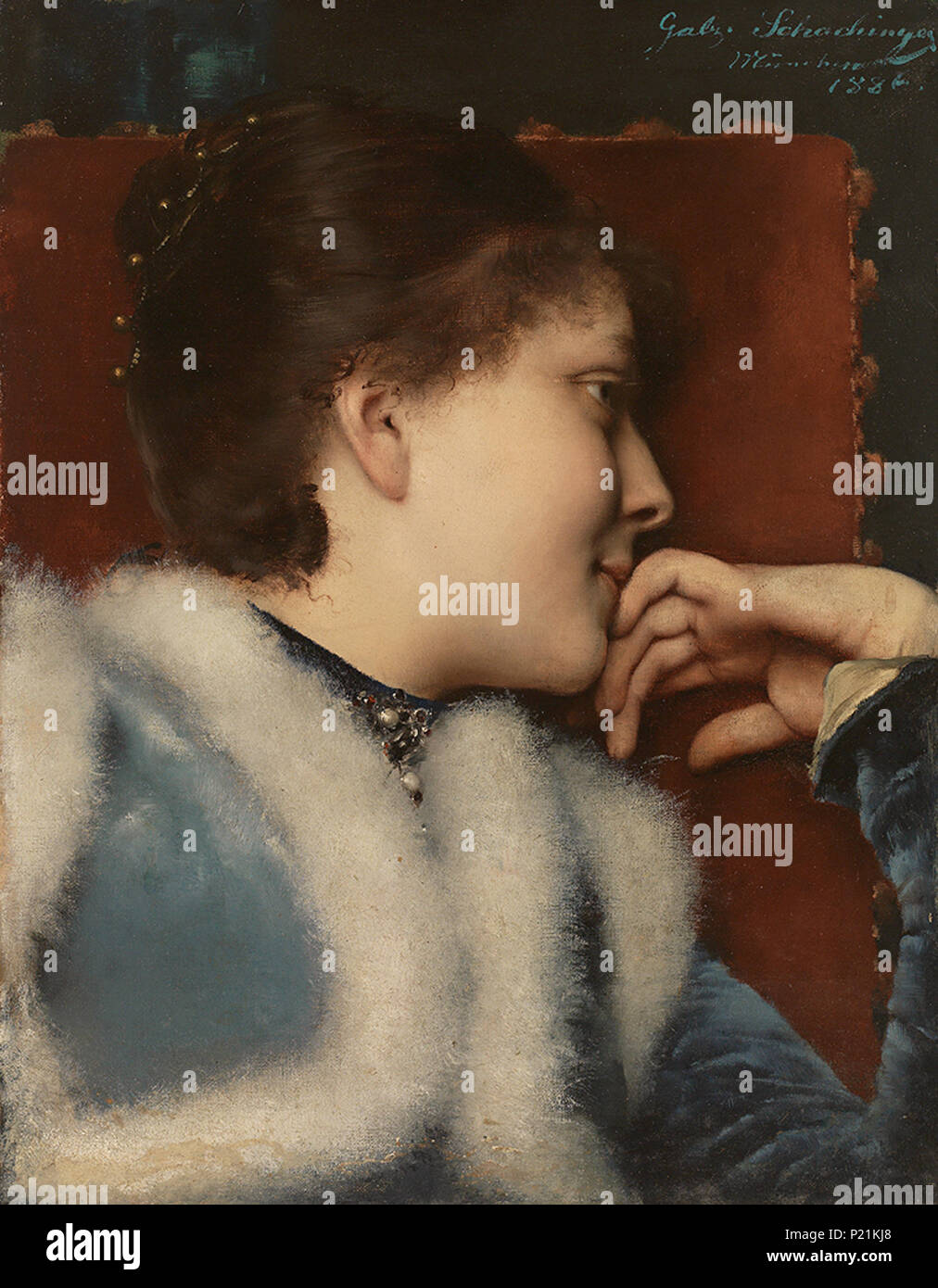 . Deutsch: Ritratto einer reizenden jungen Frau im Profil von rechts. Öl/Lwd. 48 x 37,5 cm. Segno. und 1886 dat. 1886. Gabriel Schachinger (1850-1912) nomi alternativi gabr. schachinger; g. schachinger; schachinger gabriel; professore gabriel schachinger; professore gabr. schachinger; schachinger; gabriel Descrizione schachinger pittore tedesco Data di nascita e morte 31 marzo 1850 9 maggio 1912 Luogo di nascita e morte Monaco di Baviera, regno di Baviera Eglfing, regno di Baviera, Impero Tedesco sede di lavoro Monaco di Baviera, regno di Baviera, Impero tedesco competente controllo : Q1120995 VIAF: 54917049 ULAN: Foto Stock