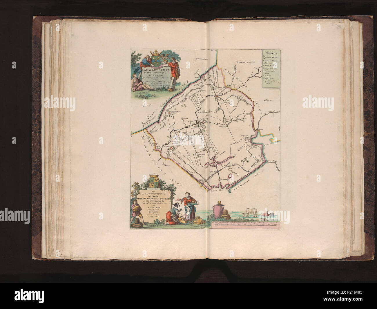 . Rauwerderhem, de elfde Grietenije van Ooster Goo / weesentlyk vertoont en porta afgemeeten Bernhardus Schotanus à Sterringa ; doe aldaar grietman era de Heer Bartholomeus van Nijsten en gedeputeerde der Ed.Mog.H.H. Staaten van Friesland, uyt het voorβ. Quartier ... MDCXXCIV ; vermeerdert porta uitgegeeven François Halma MDCCXVIII . Scala [C. 1:27.250] . 1718. Bernardus Schotanus à Sterringa (c. 1640-1704), François Halma (1653-1722) XUBAKZL12A7 032, 3/26/12, 3:47 PM, 8C, 7992x10656 (0+0), 100%%%%, Juni 2011 PPRO, 1/120 s, R54.9, G22,5, B20.3 189 Mappa - Collezioni Speciali università di Amsterda Foto Stock