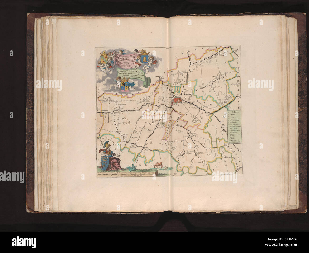 . De Grietenije van Franeker Deel, de tweede van Wester Goo benevens de jurisdictie der Stad Franeker / weesentlyk porta vertoont B. Schotanus à Sterringa MDCXCIII. Doen de Heer Jr. Sicco van Goslinga vrij en fer heer van Ameland mede curatore der Academie van Friesland ecc aldaar grietman era ; vermeerdert porta uitgegeeven F. Halma . Scala [C. 1:30.000] . 1718. Bernardus Schotanus à Sterringa (c. 1640-1704), François Halma (1653-1722) XUBAKZL12A7 034, 3/26/12, 3:50 PM, 8C, 7992x10656 (0+0), 100%%%%, Juni 2011 PPRO, 1/120 s, R54.9, G22,5, B20.3 189 Mappa - Collezioni Speciali università di Amster Foto Stock