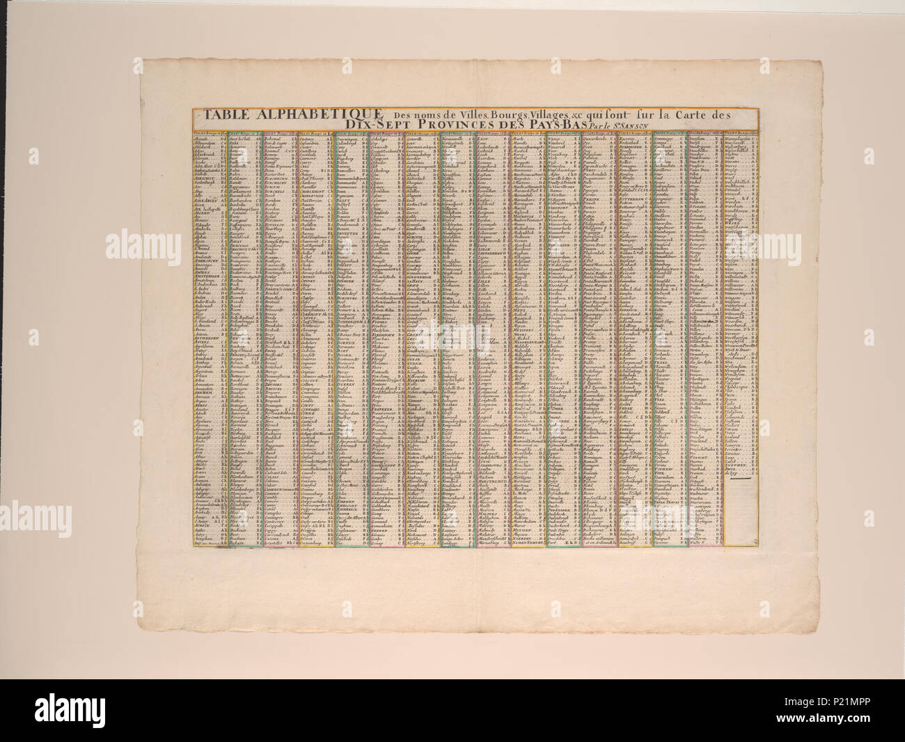 . Tabella alphabetique des noms de villes, bourgs, villaggi, &c qui sont sur la carte des sei-sept province des Pays Bas . Tabella appartiene a questa mappa. [Secondo trimestre del xviii secolo]. Guillaume Sanson (-1703) XUBAKZL12A6 005, 3/30/12, 9:50 AM, 8C, 7992x10656 (0+0), 100%%%%, Juni 2011 PPRO, 1/120 s, R55.3, G22.6, B19.9 189 Mappa - Collezioni Speciali Università di Amsterdam - OTM- HB-KZL I 2 A 6 (05) Foto Stock