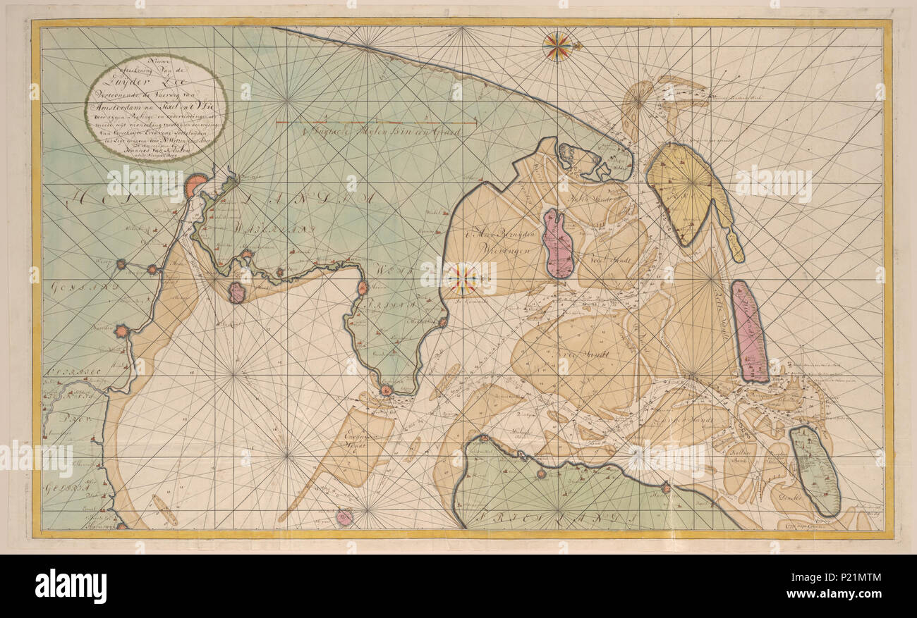 . Nieuwe Afteekening van de Zuijder Zee vertoonende de vaerweg van Amsterdam na Texel en 't Vlie / porta eijgen Peylinge en ondervindinge als meede uijt mondeling verslag en aenwijsinge van verscheijde ervarene Lootsluijden in 't Ligt gegeven porta N. Witzen Cost. Amst . Scala [C. 1:130.000] . [C. 1730]. Nicolaes Witsen (1641-1717) XUBAKZL12A5 008 PL01, 3/30/12, 4:38 PM, 8C, 7992x10656 (0+0), 100%%%%, Juni 2011 PPRO, 1/120 s, R55.3, G22.6, B19.9 188 Mappa - Collezioni Speciali Università di Amsterdam - OTM- HB-KZL I 2 A 5 (08) Foto Stock