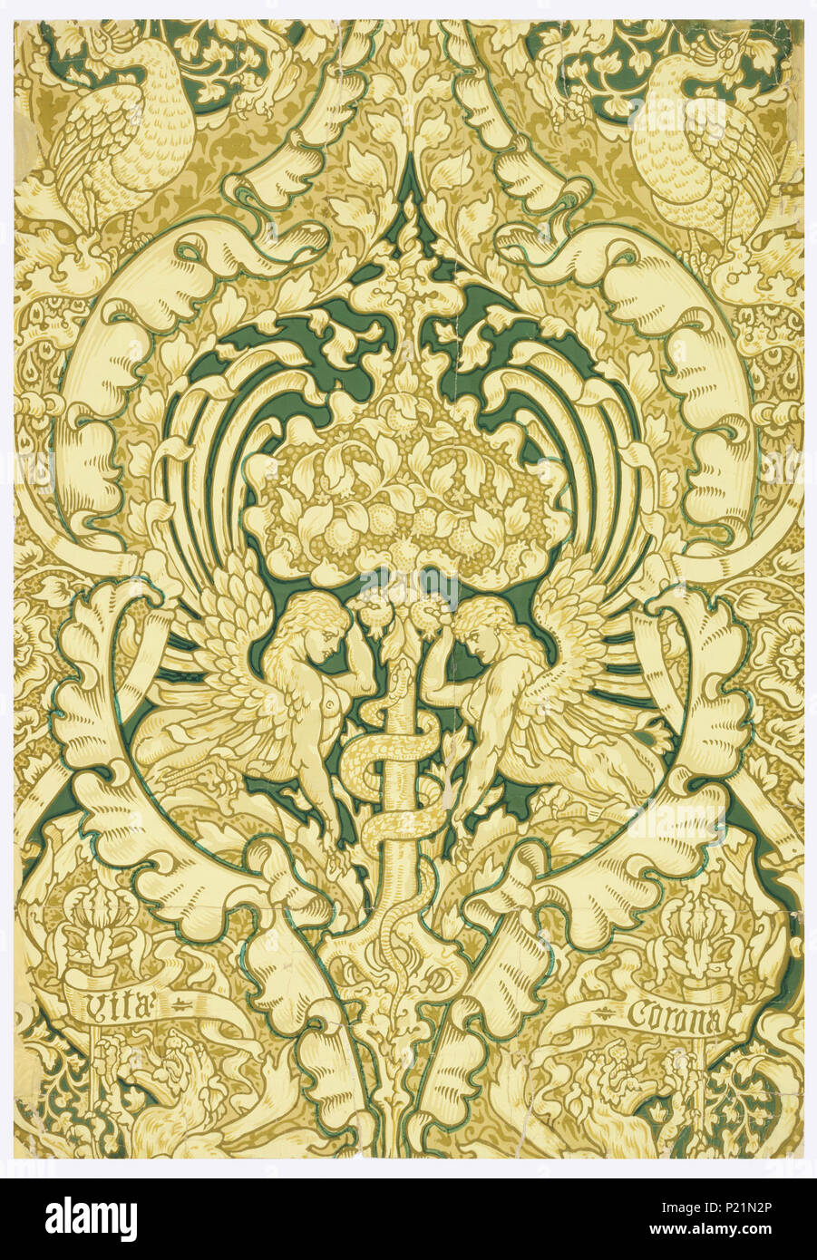 . Inglese: il fianco, 'corona' Vita [corona della vita], 1890 . Inglese: design simmetrico di affrontare sfingi collocate sotto un albero della vita recanti un serpente intrecciano intorno al suo tronco. Tutto questo in un cartiglio definito da foglie di acanto. Al di sopra di cartiglio, su entrambi i lati, due pavoni. Al di sotto di cartiglio, due banner: la sinistra si legge "Vita", banner di destra si legge: 'corona'; stampati in giallo pallido e beige chiaro e scuro, olive e verdure. . 1890 292 fianco, "Corona Vita" (la corona della vita), 1890 (CH) 18615685 Foto Stock