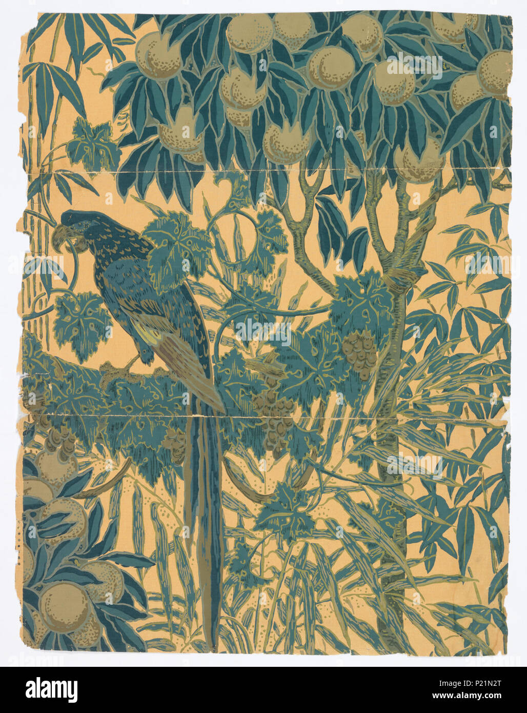 . Inglese: il fianco, Macaw, 1908 . Inglese: Macaw arroccato su un vitigno laden con uve, grapevine intrecciano intorno pesco rami e foglie. Cluster di pesche, palm cuscinetto albero di frutta esotica. Stampato in chiaro e scuro oliva, la luce e il colore blu grigio scuro, blu Delft e blu navy beige sul terreno. . 1908 292 fianco, Macaw, 1908 (CH) 18562395 Foto Stock