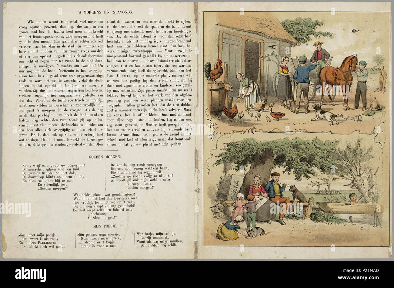 . Het ijzersterke prentenboek / voor Hollandsche jongens en meisjes porta bewerkt D.F. van Heyst ; incontrato groote gekleurde platina. Kartonnen prentenboek incontrato onderwerpen als: broertjes en zusjes; wilde dieren in Nederland; een paardenrace en een stierengevecht; zaaien en maaien voor brood; de kermesse incontrato koorddanser en paardenspel; wilde dieren in Afrika Azië en; het platteland; zomer en inverno; ijsberen en buffels; vogels; vervoermiddelen: ballon, stoomtrein, raderboot, trekschuit, zeilschip. 11 p., 11 p.pl : handgekl. toonlith // Datering: ontleend aan: "A. W. Sijthoff'S UITGEVERSMAATSCHAPPIJ N.V Foto Stock