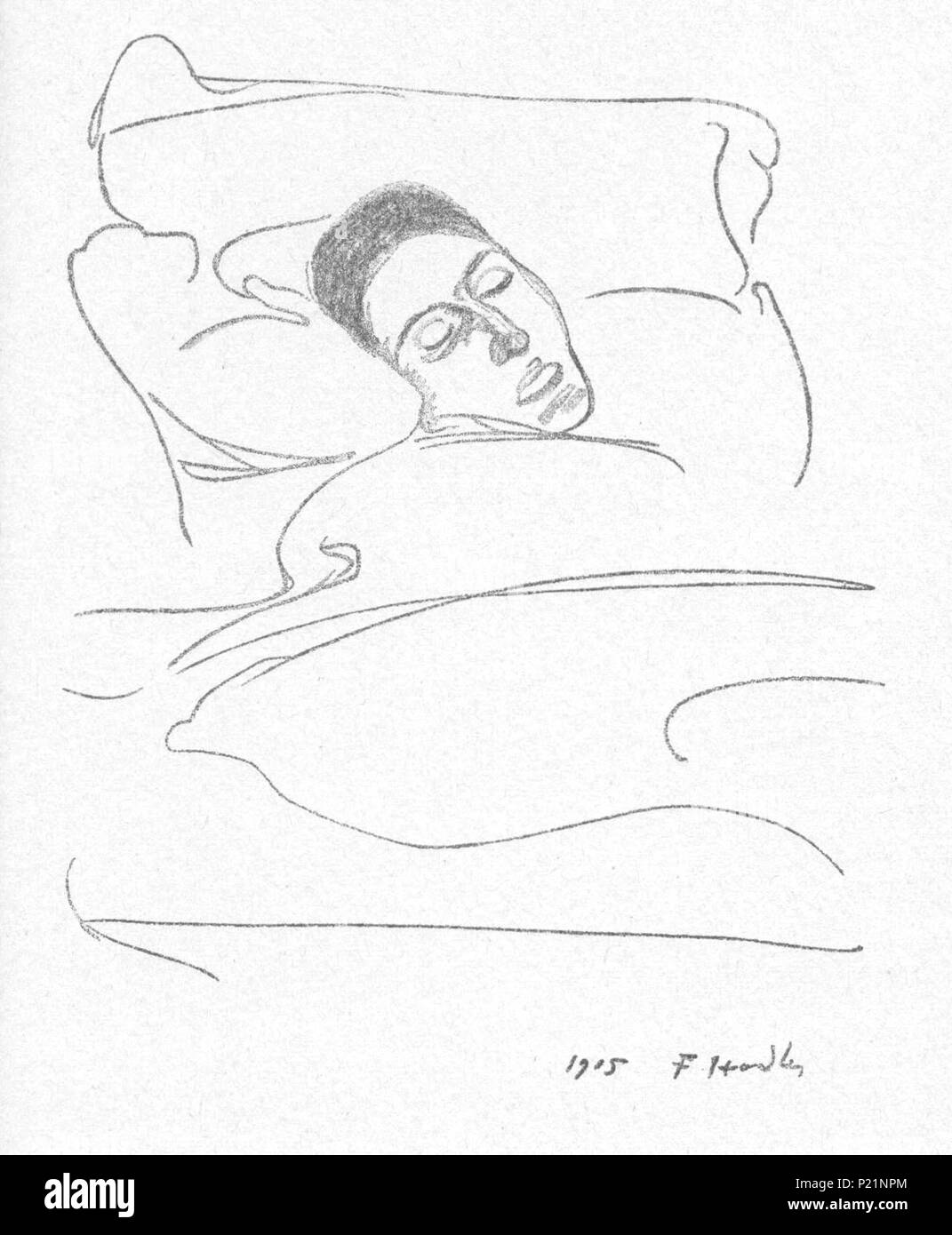 . Schlummernde . 1915. Ferdinand Hodler (1853-1918) nomi alternativi Ferdinando Khodler; f. hodler; ferd. hodler; ferd. Hodler; Hodler; hodler ferd.; Ferdinando Hodler Descrizione Swiss pittore, disegnatore progettista e aquarellist Data di nascita e morte 14 Marzo 1853 19 Maggio 1918 Luogo di nascita e morte di Ginevra Berna periodo di lavoro 1867-1918 sede di lavoro Thun (1867-1871), Ginevra (1871-1918), Parigi (1877), Spagna (1878), Friburgo (1896), a Vienna (1904), Italia (1905), Paesi Bassi (1912), Zurigo (1917) Autorità di controllo : Q214564 VIAF: 41848532 ISNI: 0000 0001 0891 0082 ULAN: 500027184 LCCN Foto Stock