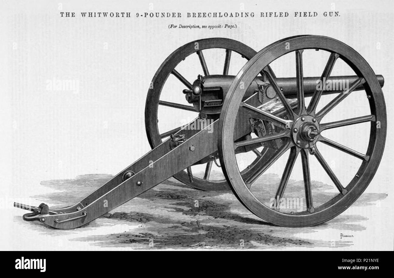 . Inglese: Incisione di Whitworth 9-pounder rifled breechloading campo di pistola. 1872. Unknown 4 9-pounder Whitworth rifled breechloader 1872 Foto Stock . Inglese: Incisione di Whitworth 9-pounder rifled breechloading campo di pistola. 1872. Unknown 4 9-pounder Whitworth rifled breechloader 1872 Foto Stock