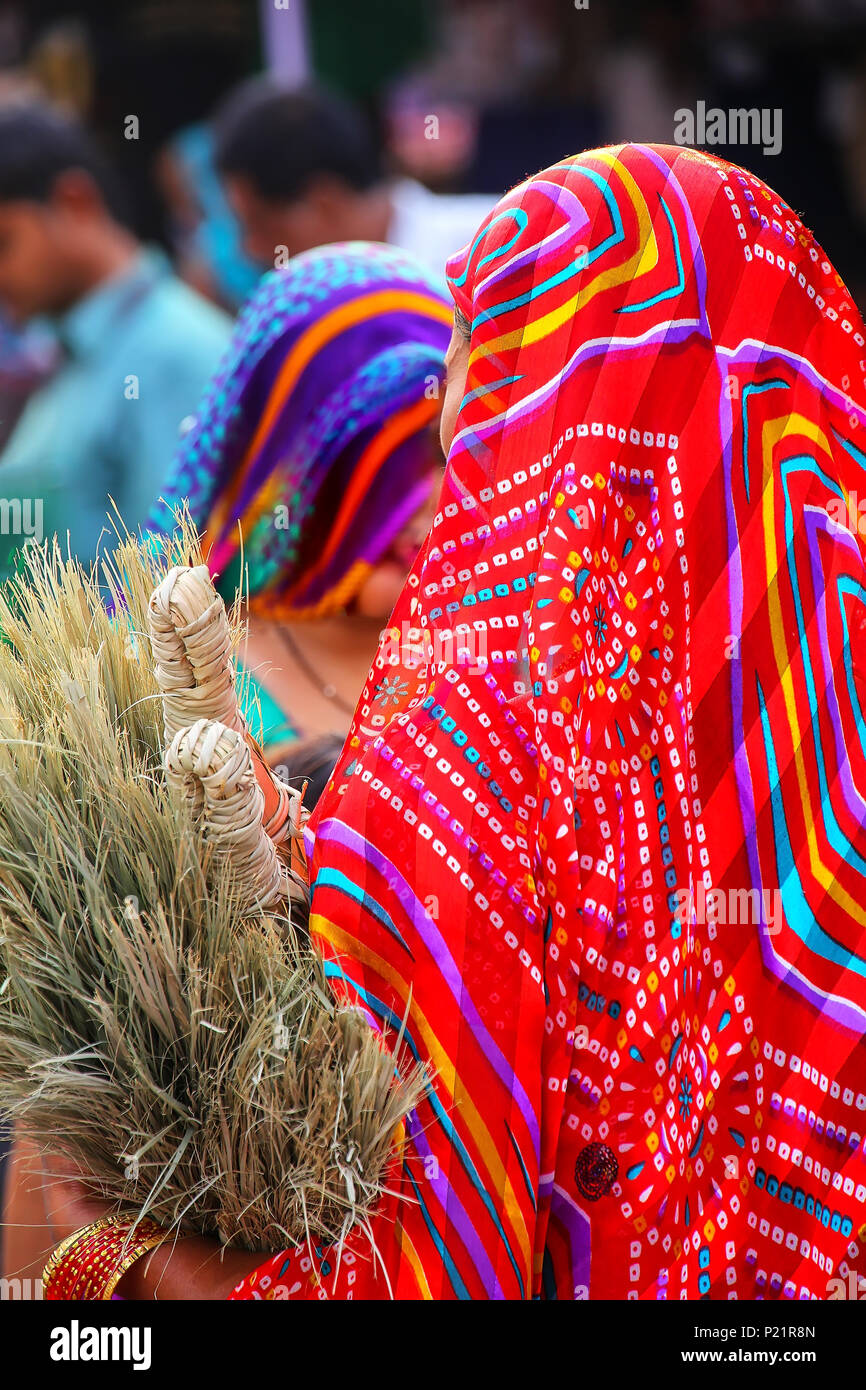 Chiudere la vista di una donna che indossa sari a Kinari Bazar in Agra, Uttar Pradesh, India. Agra è una delle più popolose città in Uttar Pradesh Foto Stock