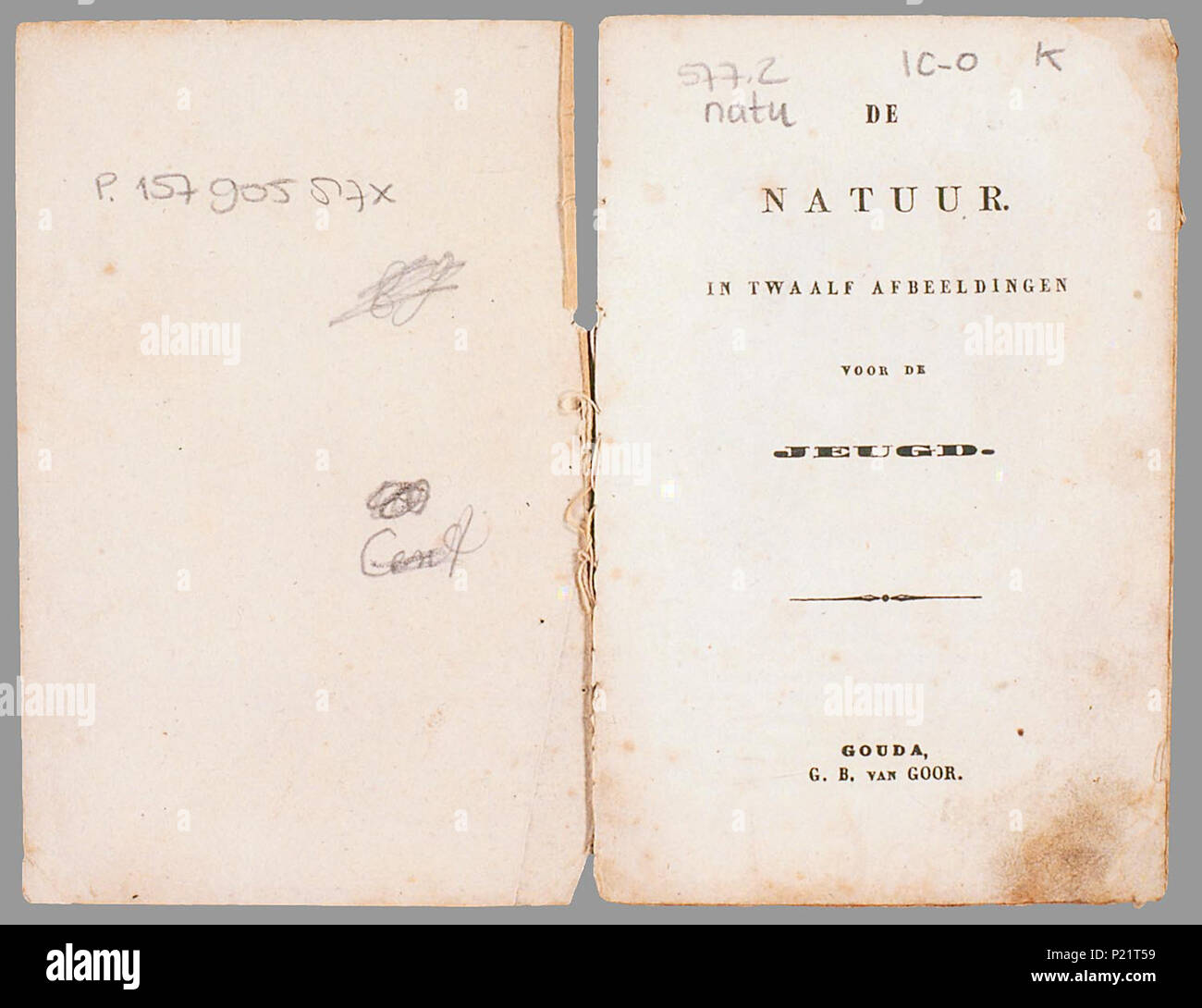 . De natuur in twaalf afbeeldingen voor de jeugd. Prentenboekje met zeer grof ingekleurde houtsneden di -incisioni met daaronder 9 di 10 regels rijmende tekst. Onderwerpen: de vier jaargetijden, de vier elementen en de vier delen van een etmaal. Het werk van de landman en de goede gaven van Dio worden geroemd. Bij 'De lucht' è een luchtballon met een schuitje eronder afgebeeld. 12 p : gekleurde tekeningen // Datering: niet in Brinkman, niet in BNK, Huiskamp, Mondo bambini di apprendimento; uitgever werkzaam van 1839-1871, schatting // Op de voorkant staat onderaan: No. 25 // Bevat: De lente D ; Foto Stock