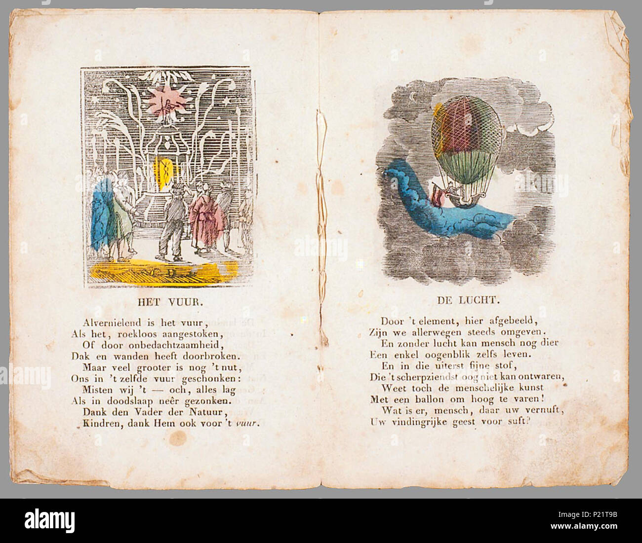 . De natuur in twaalf afbeeldingen voor de jeugd. Prentenboekje met zeer grof ingekleurde houtsneden di -incisioni met daaronder 9 di 10 regels rijmende tekst. Onderwerpen: de vier jaargetijden, de vier elementen en de vier delen van een etmaal. Het werk van de landman en de goede gaven van Dio worden geroemd. Bij 'De lucht' è een luchtballon met een schuitje eronder afgebeeld. 12 p : gekleurde tekeningen // Datering: niet in Brinkman, niet in BNK, Huiskamp, Mondo bambini di apprendimento; uitgever werkzaam van 1839-1871, schatting // Op de voorkant staat onderaan: No. 25 // Bevat: De lente D ; Foto Stock