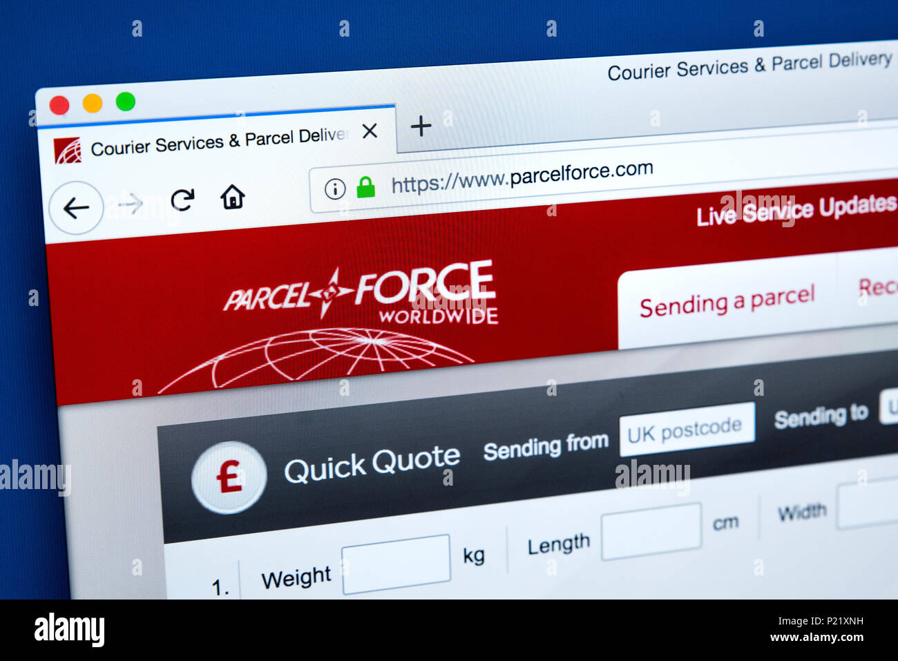 LONDON, Regno Unito - 10 FEBBRAIO 2018: la homepage del sito ufficiale di Parcelforce Worldwide - il corriere e il servizio di logistica nel Regno Unito, sul decimo Foto Stock