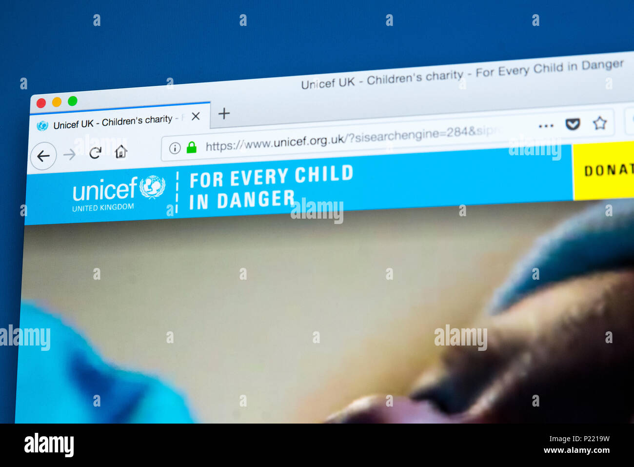 LONDON, Regno Unito - 24 FEBBRAIO 2018: la homepage del sito web ufficiale per l'UNICEF - Fondo delle Nazioni Unite per l'infanzia, il 24 febbraio 2018. Foto Stock