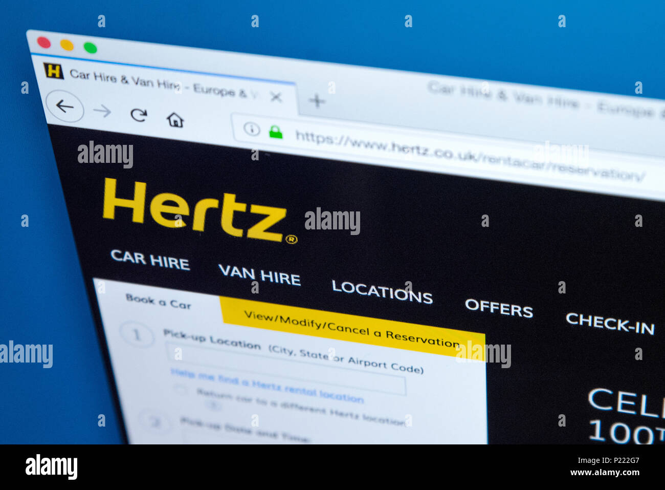 LONDON, Regno Unito - 24 FEBBRAIO 2018: la homepage del sito ufficiale di Hertz - la vettura americana la società di noleggio, il 24 febbraio 2018. Foto Stock