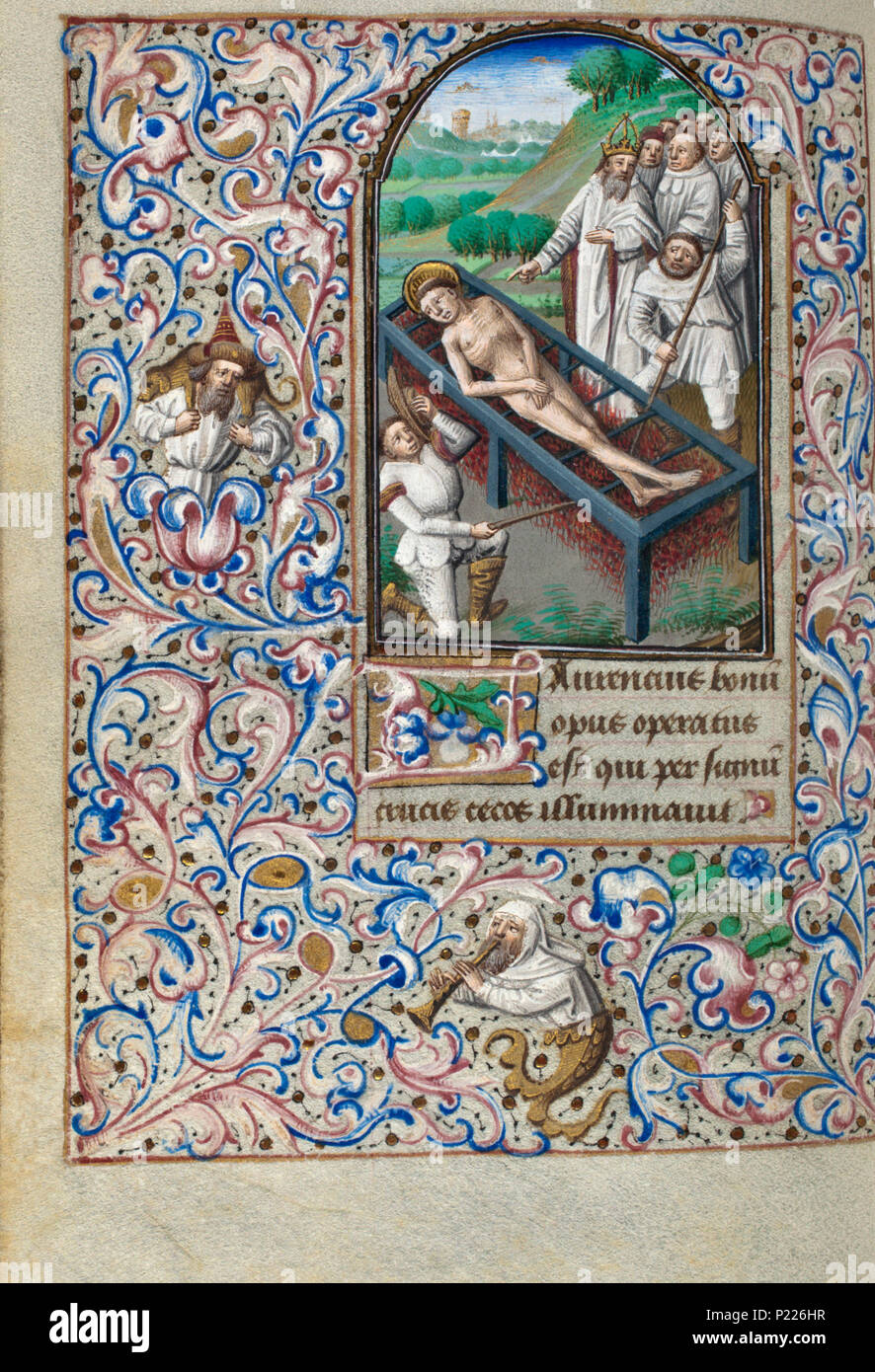 . Folio 073v dal Libro d Ore di Simon de Varie - KB 74 G37 . Folio 073v dal Libro d Ore di Simon de Varie - KB 74 G37 miniatura sul folio 073v il martirio di San Lorenzo di Roma - egli viene arrostito su una graticola . 1455 34 Libro d Ore di Simon de Varie - KB 74 G37 - folio 073v Foto Stock