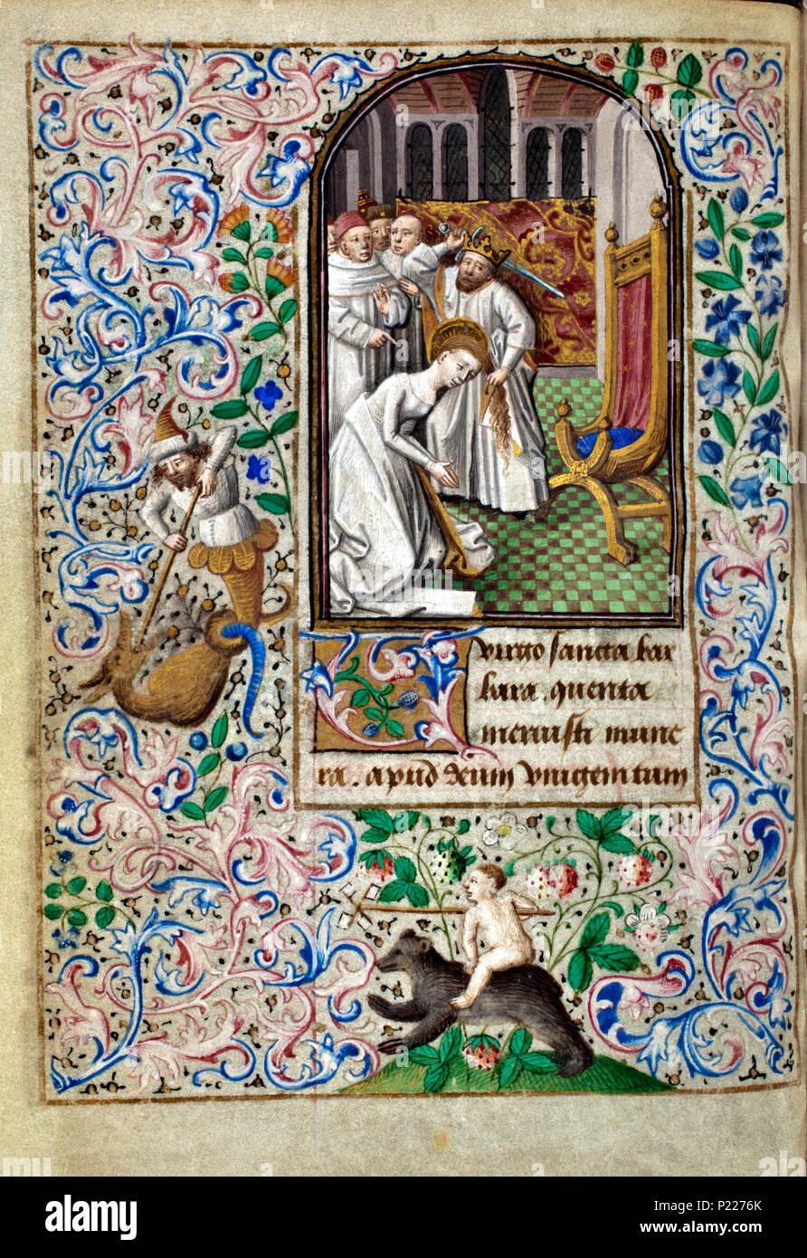 . Folio 019v dal Libro d Ore di Simon de Varie - KB 74 G37a . Folio 019v dal Libro d Ore di Simon de Varie - KB 74 G37una miniatura in folio 019v il martirio di Santa Barbara - ella è decapitato da suo padre Dioscuros . 1455 34 Libro d Ore di Simon de Varie - KB 74 G37a - folio 019v Foto Stock