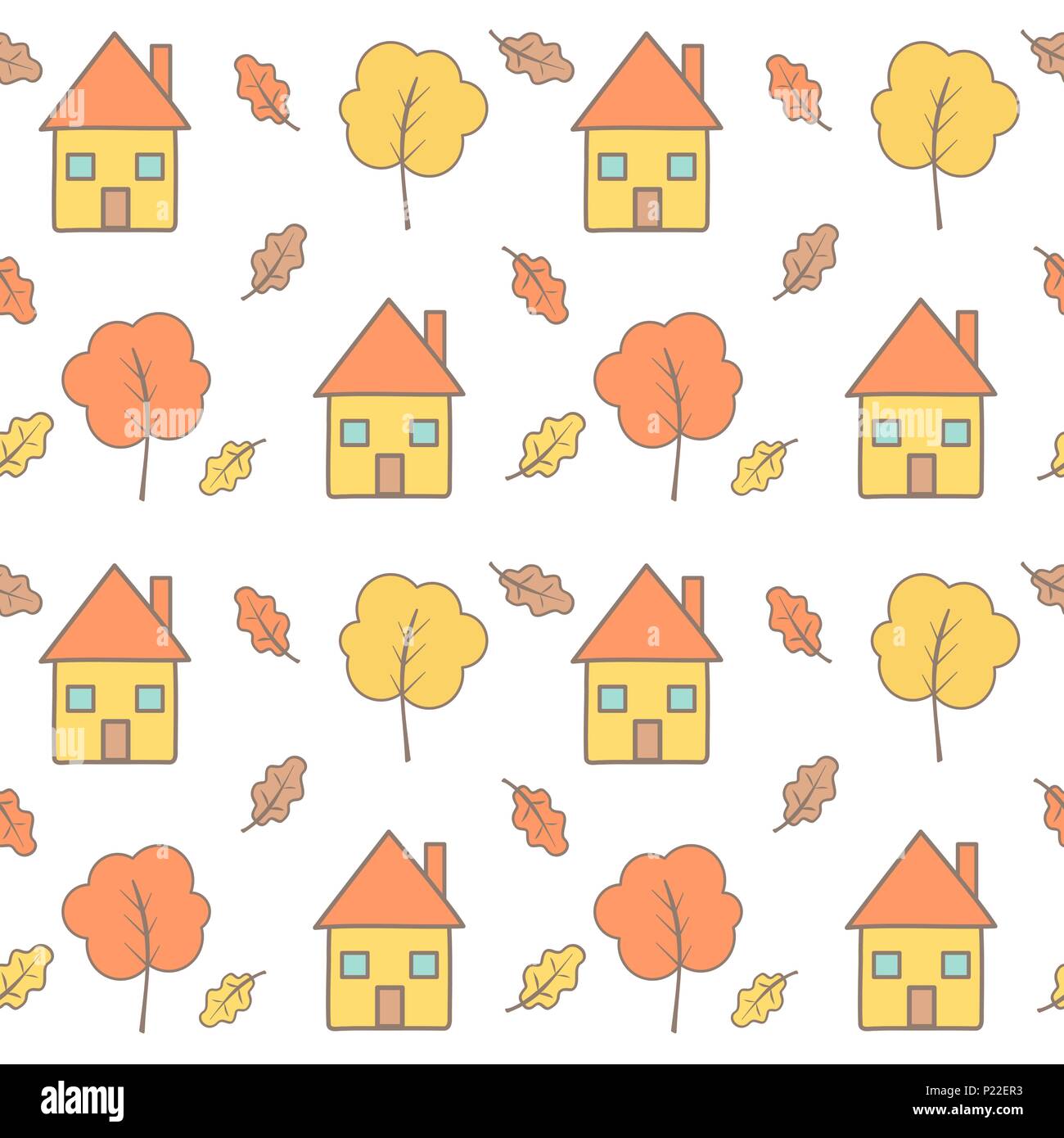 Cartoon carino autunno autunno vettore seamless pattern illustrazione dello sfondo con case e alberi e foglie Illustrazione Vettoriale