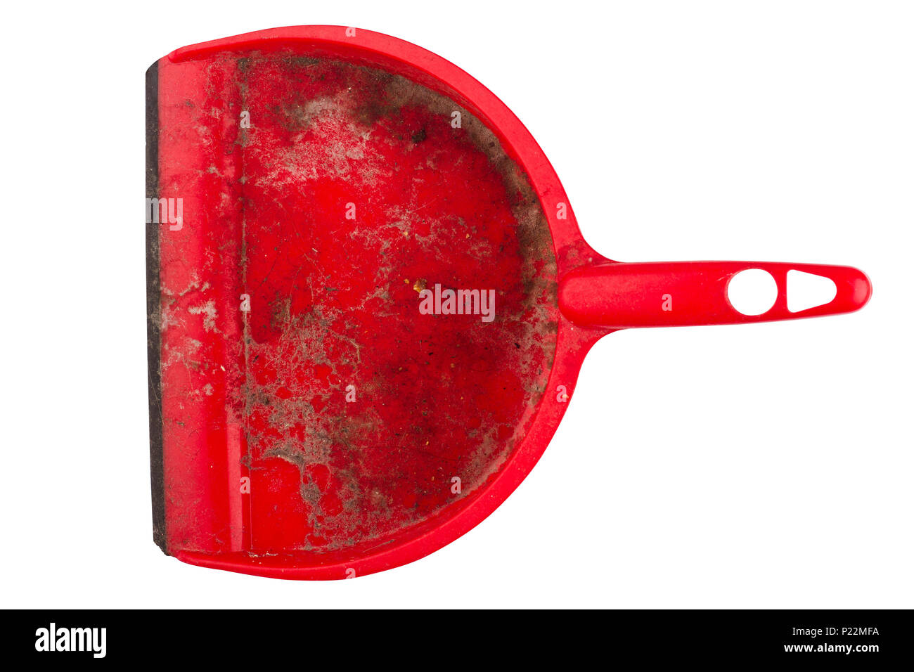 Vista superiore closeup in plastica di colore rosso sporco paletta isolati su sfondo bianco Foto Stock
