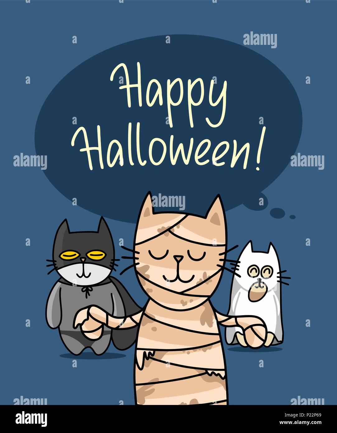 Tre gatti celebra happy Halloween giorno nella notte. Funny cartoon vettore piatta illustrazione degli animali Illustrazione Vettoriale