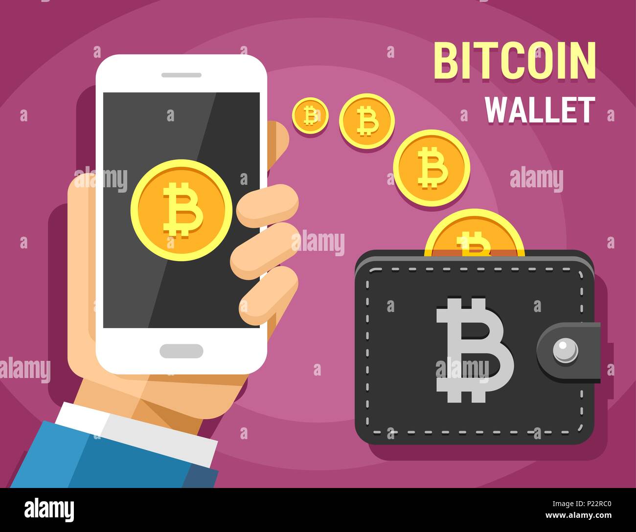 Vettore piatta colorata illustrazione di cryptocurrency bitcoin e mobile banking. Mano che tiene il telefono cellulare invio bitcoins oro in portafoglio Illustrazione Vettoriale