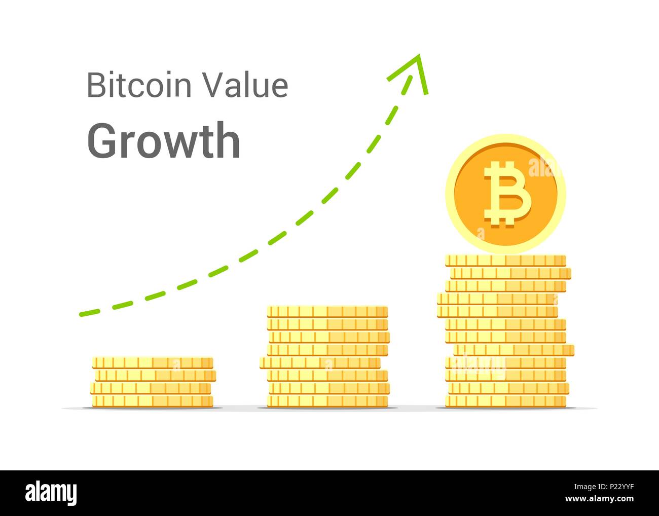 Valore Bitcoin concetto di crescita illustrazione isolati su sfondo bianco. Pile di vettore d'oro monete piatta Illustrazione Vettoriale