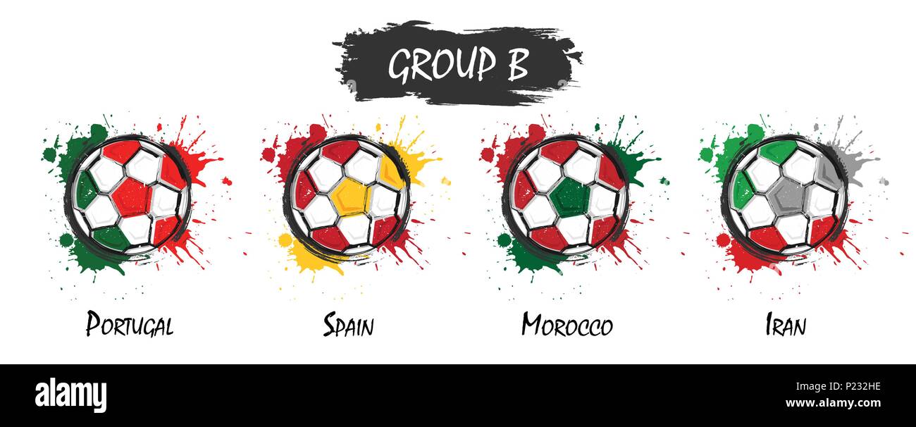 Set di nazionale di calcio del gruppo B . Realistico acquarello con vernici colorate colore splash . Design piatto . Vettore per international world champi Illustrazione Vettoriale