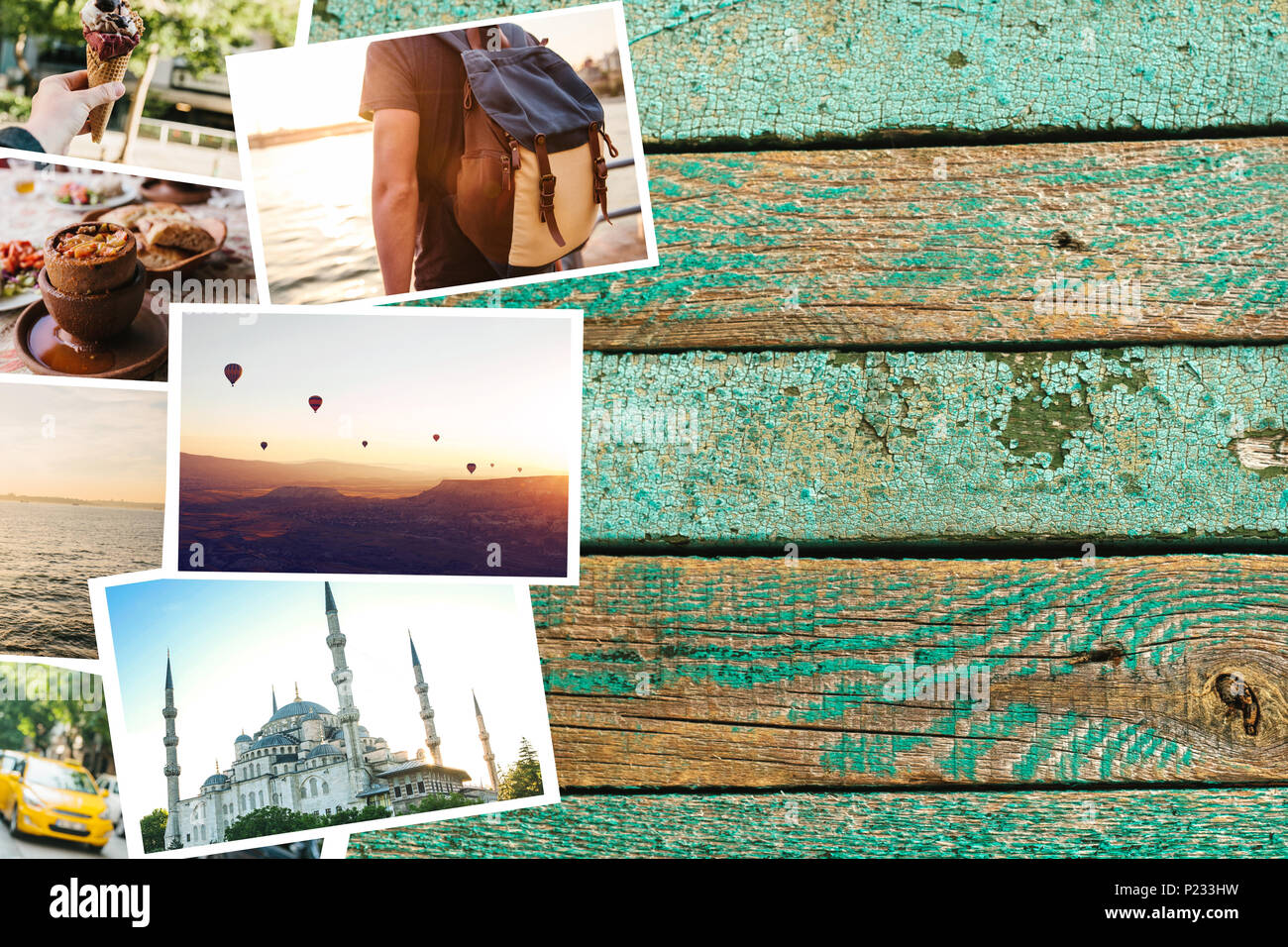 Un sacco di immagini sulla superficie di legno. I ricordi di viaggio di Turchia incluse Istanbul e Cappadocia. Accanto alle foto è un posto per il testo Foto Stock