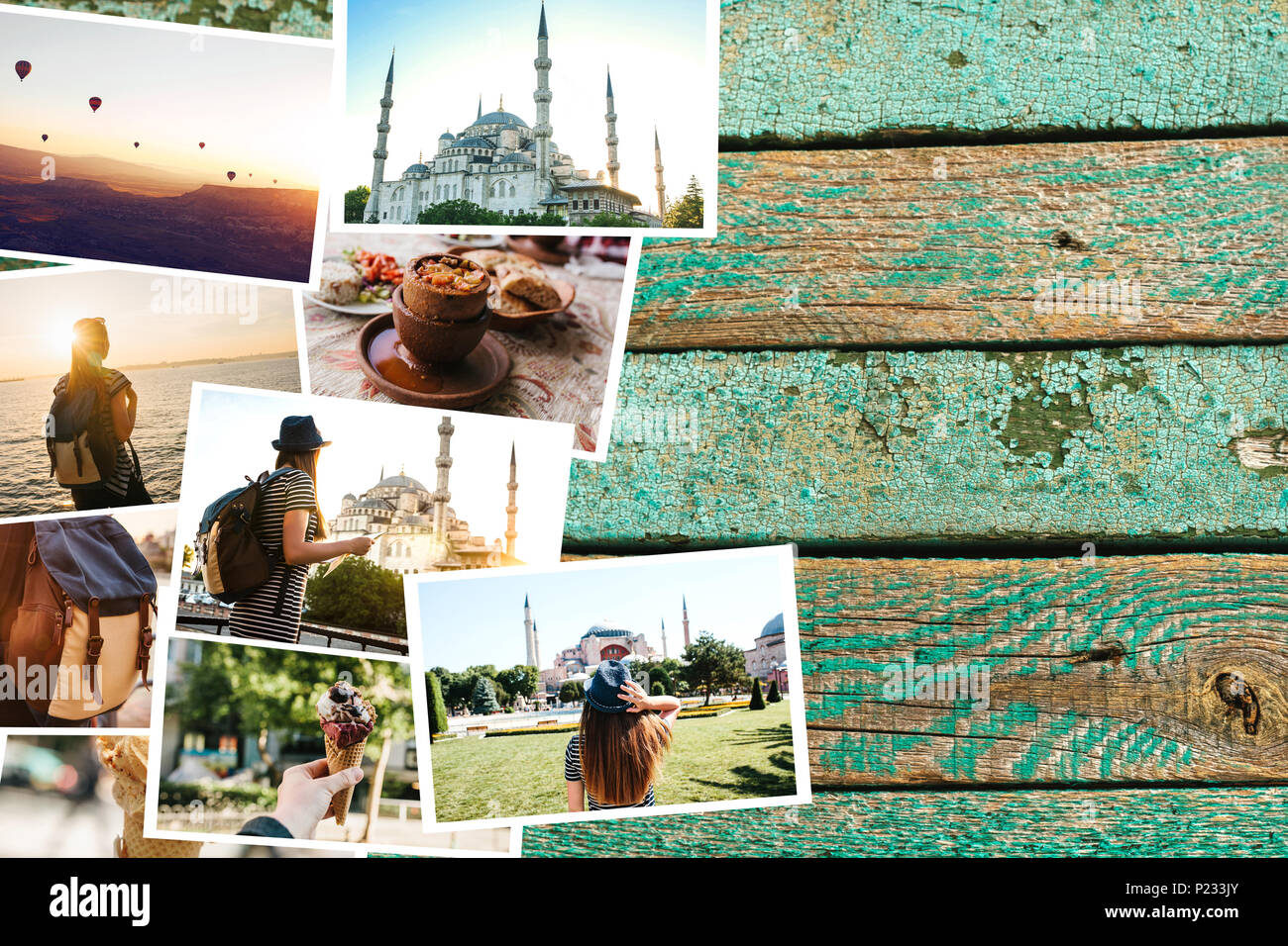 Un sacco di immagini sulla superficie di legno. I ricordi di viaggio di Turchia incluse Istanbul e Cappadocia. Accanto alle foto è un posto per il testo Foto Stock