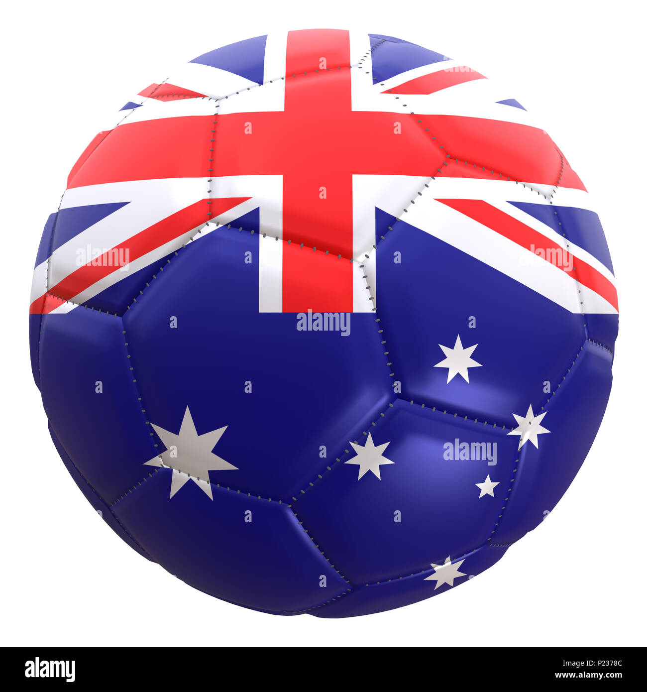 3D rendering di una bandiera dell'Australia su un pallone da calcio. L Australia è uno dei team di coppa del mondo di campionato in Russia 2018. Foto Stock