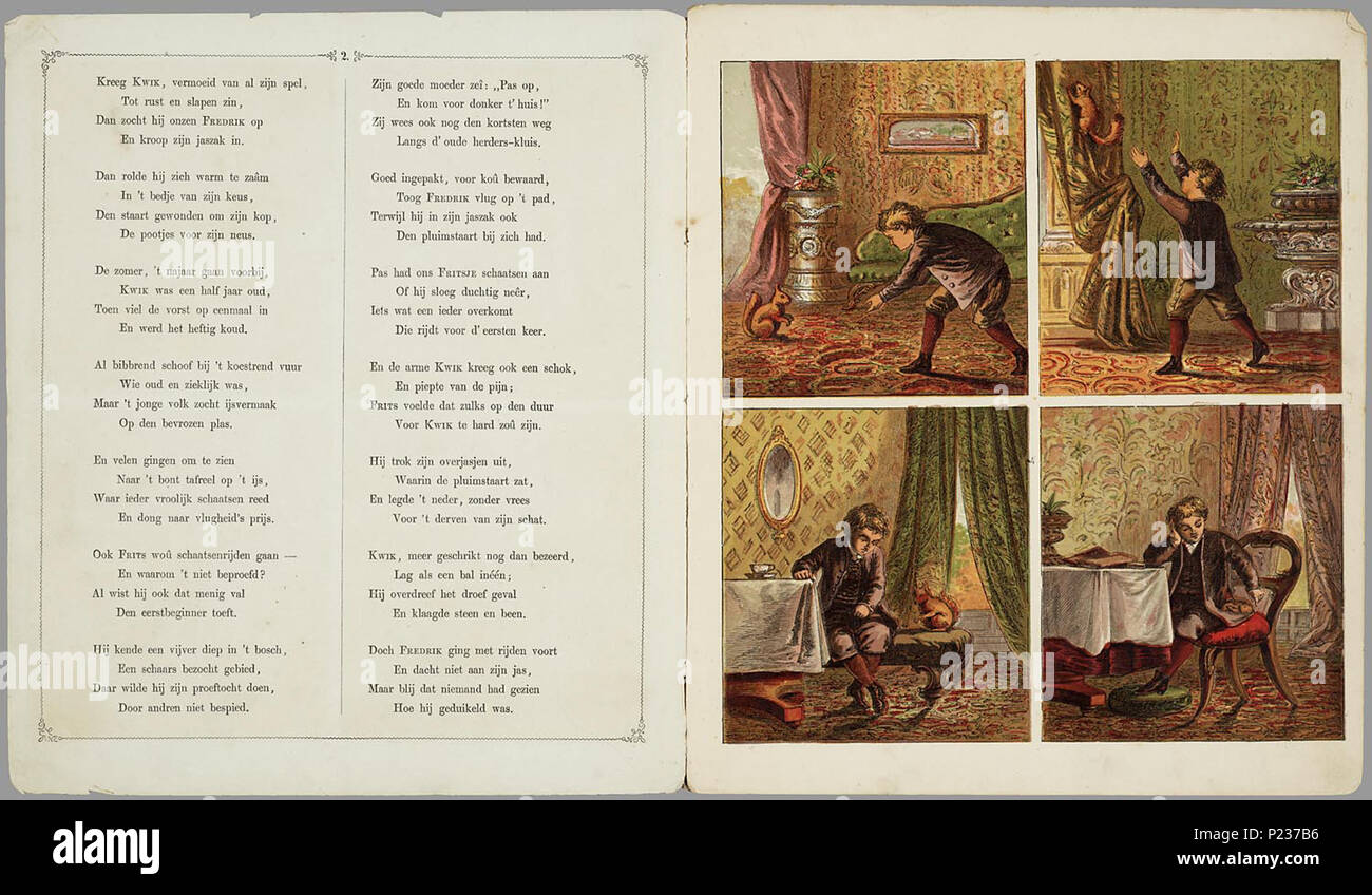 . Kwik de pluimstaart : een verhaal voor jongens / naar het porta Engelsch W. Martora Westerman. Oorspronkelijk Engels 'giocattolo book' incontrato op de voorkant een geometrische sierrand en sierletters in kleur. Bevat zes bladen incontrato gekleurde illustraties waarvan drie paginagroot, twee incontrato vier plaatjes en één blad met twee illustraties. Rijmvertelling su frits die een eekhoorn als huisdier heeft. Als de eekhoorn op een dag koude de vrijheid opzoekt gaat Frits hem achterna en verdwaalt. Pas na lang zoeken wordt Frits porta zijn vader gevonden. 6 bl., 6 bl. pl : gekl. litho // De keerzijde der bladen è Foto Stock