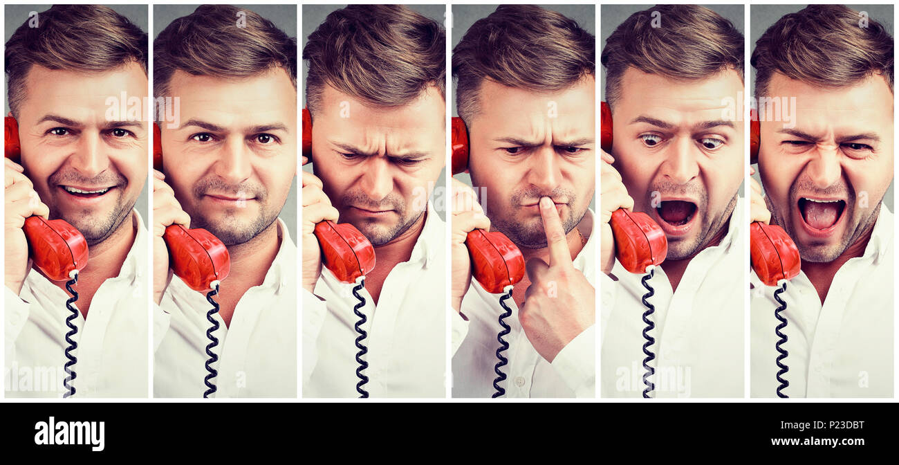 Composto foto di uomo espressiva reagendo su cattive notizie mentre si parla sul vecchio telefono. Foto Stock
