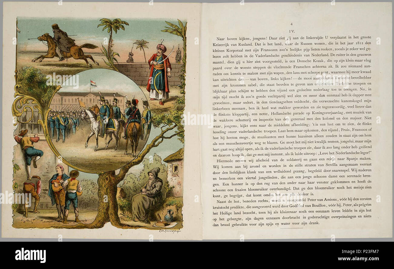 . De nieuwe rarekiek van den ouden korporaal Smit. Prentenboek incontrato destrieri een paginagrote kleurenlitho met daarop verschillende scènes, gescheiden takken porta- di sierranden, naast een pagina tekst. Op de voorkant een afbeelding van een uomo met een houten stato naast een kijkkast op de kermesse. Onderwerpen: een vliegtuig, kannibalen, een bokswedstrijd, rolschaatsen, wielrennen, een gekantelde postkoets, Jules Verne en Hans Christian Andersen, een Russische kozak, een Turkse bevelhebber, een Hollandse parade op Koningsverjaardag, een serenata in Spanje, een sledetocht in Lapponia, een paardentram Foto Stock