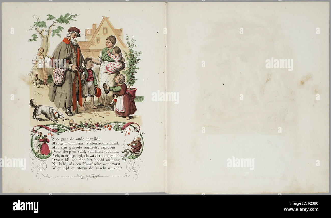 . Prentvermaak voor kleine kinderen. Prentenboek incontrato 12 gekleurde litho (gedeeltelijk met de mano bijgekleurd) daaronder met een rijmende tekst van 8 regels in een geïllustreerde sierrand. Onderwerpen: een circus incontrato wilde dieren; een verkoper van kannen; kinderspel als klimmen, vliegeren, cavalletto; rijden in een koets; de oogst; de slager komt voor het varken; het Zwarte Woud; een arreslee; een tale da invalidarne muzikant; een ezel met zijn ultimo. Zie Lust en Leering, p. 383. 12 p : gekl. lith // Datering: niet in Brinkman, nella lussuria en Leering geschat op ca. 1865 // De keerzijde der bladen è onbedrukt Foto Stock
