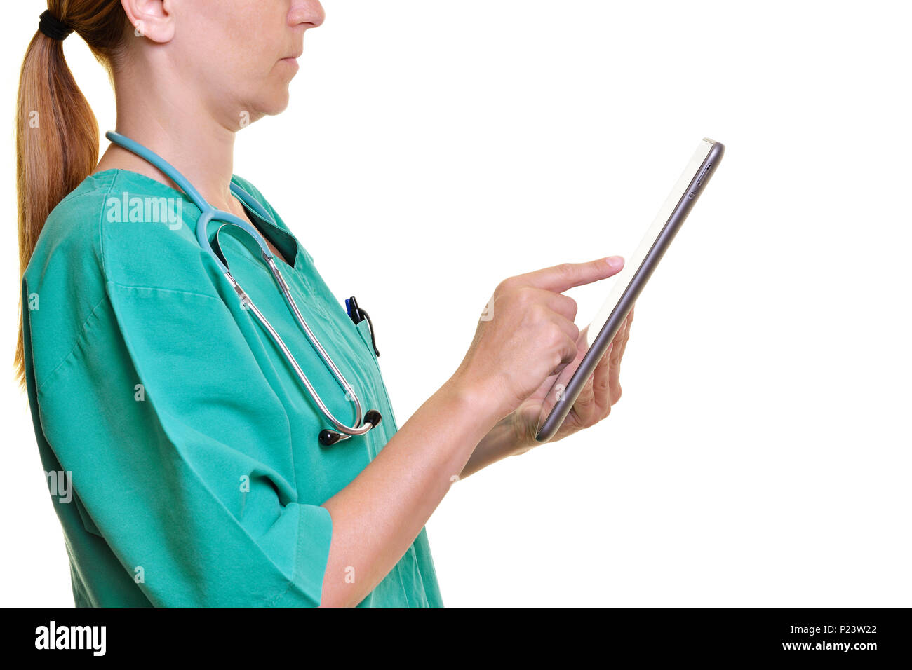 Medico usando un computer Tablet, tagliate Foto Stock