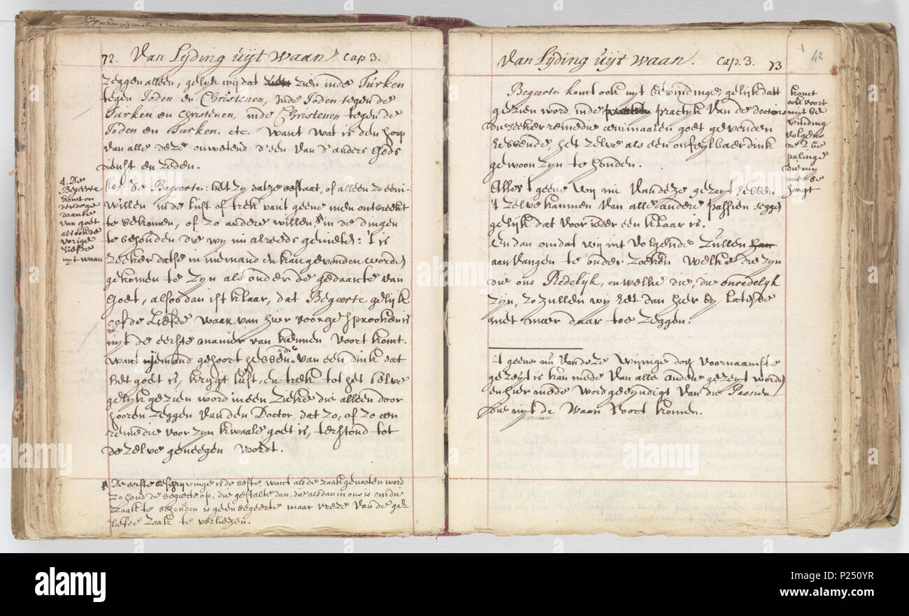 . Korte verhandeling van Dio, de mensch en deszelvs welstand - KB 75 G15 - folio 041v (sinistra) e 042R (destro) . Benedictus de Spinoza, Korte verhandeling van Dio, de mensch en deszelvs welstand. Godgeleerde staatkundige verhandelinge. Nauwkeurige en nootsakelyke aenmerkingen tot beeter verstant van dit boek - lato sinistro folium 041v; destra folium 042r. tra circa 1675 e circa 1700. Baruch Spinoza (1632-1677) nomi alternativi Benedictus de Spinoza; Baruch de Spinoza; Benedetto Spinoza Descrizione filosofo olandese, traduttore e interprete della Bibbia Data di nascita/de Foto Stock
