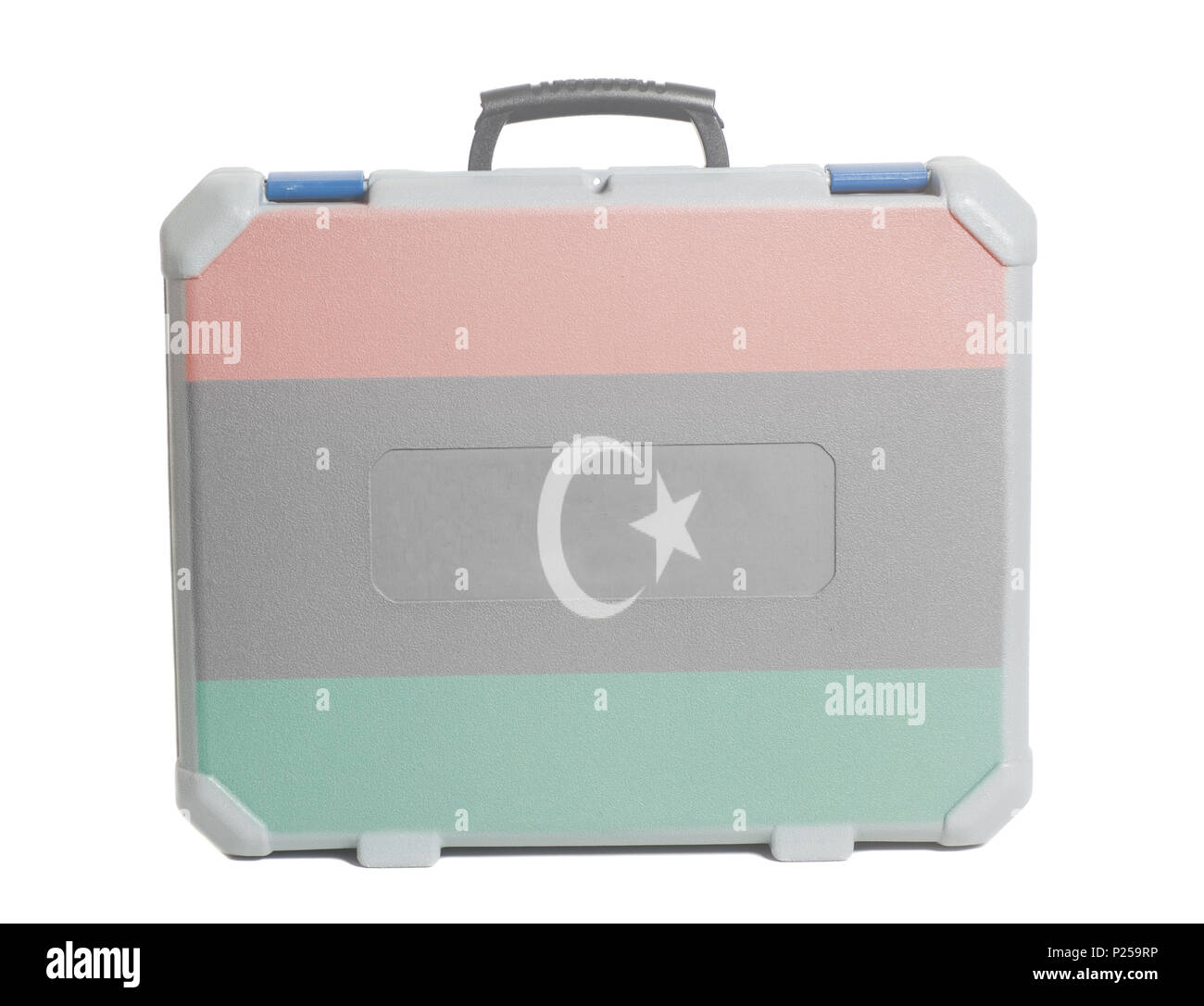 Business travel valigia con bandiera della Libia isolata su uno sfondo bianco Foto Stock