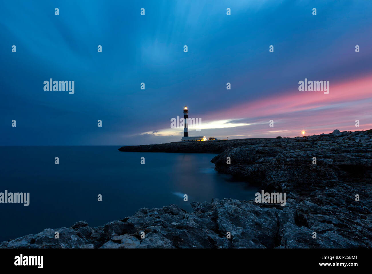 Tramonto a Cap d'Artrutx, comune di Ciutadella, Menorca, isola delle Baleari, Spagna del Sud, Europa Foto Stock