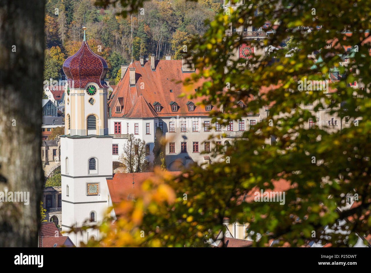 Close-up della torre dell'orologio del castello incorniciato dalle foglie. Per Sigmaringen, Baden-Württemberg, Germania. Foto Stock