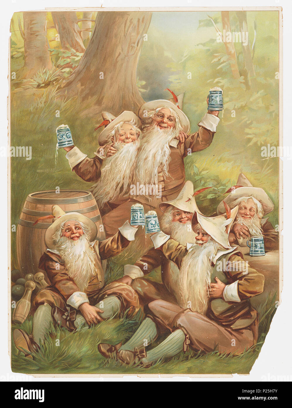 . Inglese: stampa, la pubblicità per la birra, ca. 1898 . Inglese: un rettangolo verticale. Sei sorridente barbuti gnomi nei boschi erbosa, tenendo steins di birra, molti aumentando la loro steins nell'aria. Ogni indossa un cappello marrone con una Red Feather, maglietta marrone, pantaloni, scarpe e calze di verde. Gnome a sinistra si appoggia contro una grossa botte di legno. Alla sua sinistra sono perni di bowling e sfere. . Circa 1898 267 stampa, la pubblicità per la birra, ca. 1898 (CH) 18458565 Foto Stock