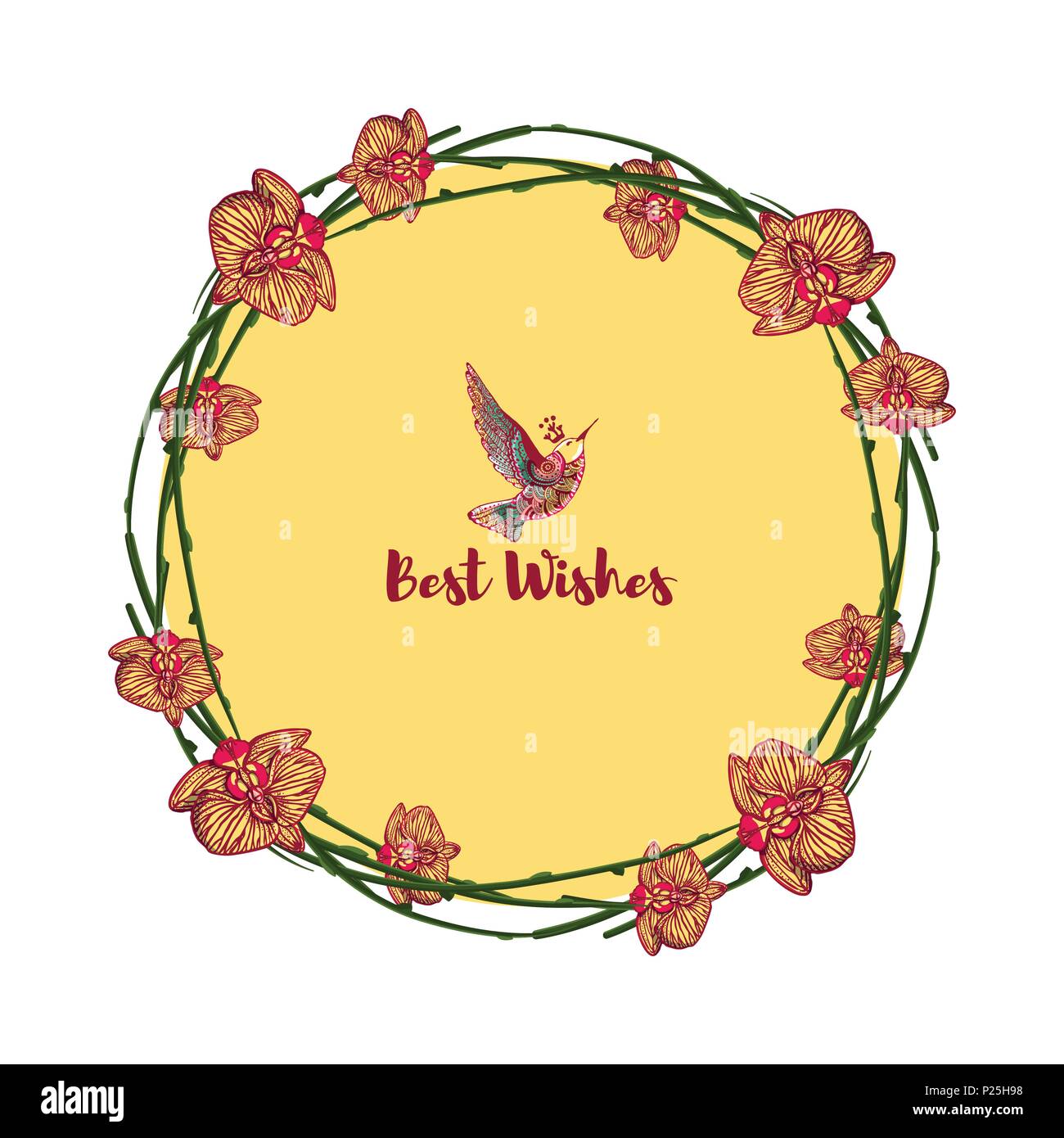 Giallo orchidee round corona intorno al cerchio giallo isolato su sfondo bianco Illustrazione Vettoriale