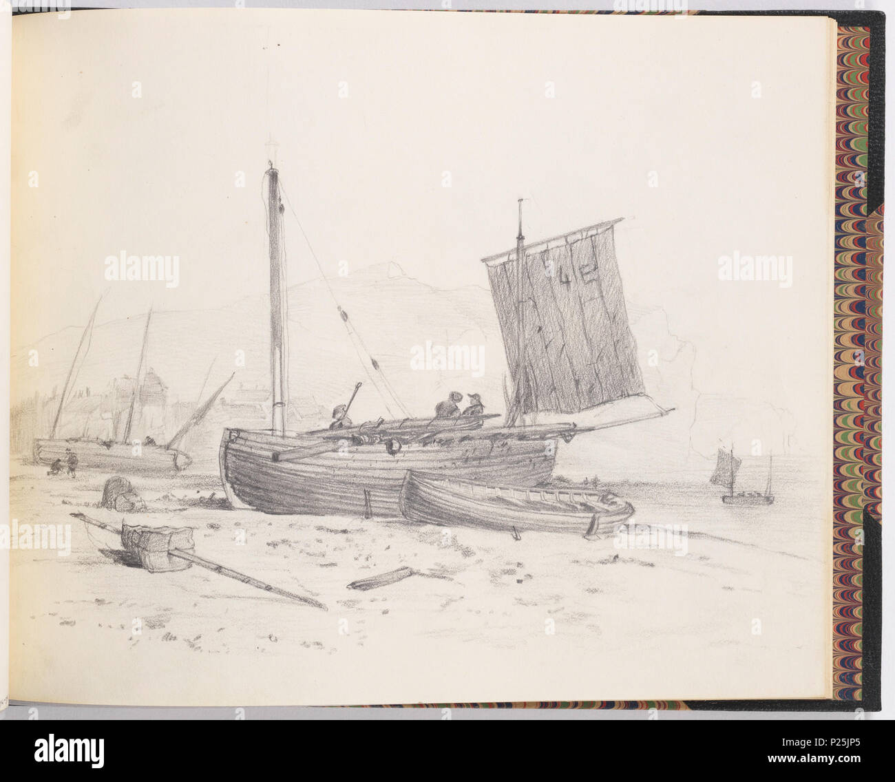 . Inglese: Disegno, barche da pesca, ca. 1895 . Inglese: Sketchbook disegno delle imbarcazioni da pesca. Il lago a destra la riva con barche da pesca redatto in primo piano. Alte montagne al di là. . Circa 1895 104 Disegno, barche da pesca, ca. 1895 (CH) 18183933 Foto Stock