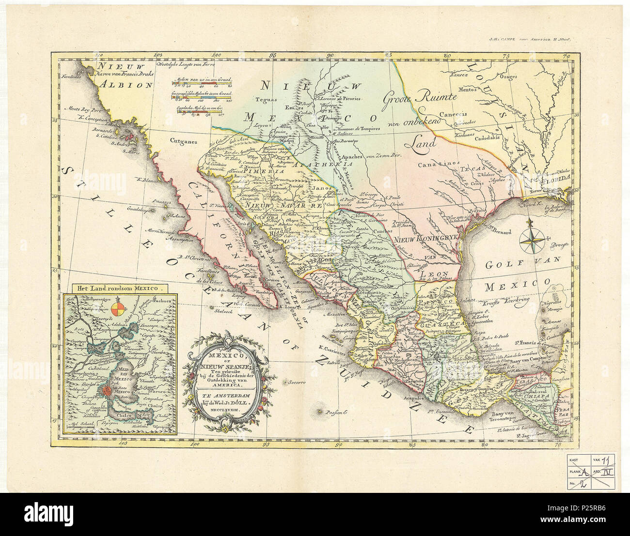 . Messico, di Nieuw Spanje : dieci gebruike bij de geschiedenis der ontdekking van America . Scala [C. 1:300.000], colorati a mano. Mappa è pubblicato anche nel libro: J.H. Campe, De ontdekking van America, geschikt ter aangenaame en nuttige leezing voor kinderen en jonge lieden. Amsterdam: merc. J. bambola, dl. 3 (1783) . 1783 181 Mappa - Collezioni Speciali Università di Amsterdam - OTM- HB-KZL 108-02-55 Foto Stock