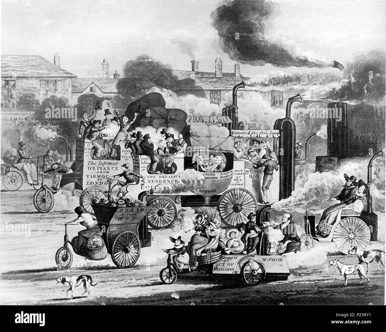 . Una vista in Whitechapel Road . Una satira sui prossimi età di free-running carrelli di vapore (che in gran parte non si è mai materializzata, ma vedere Walter Hancock). I due grandi allenatori di vapore sono denominati 'L'Infernal Defiance - Da Yarmouth a Londra " e " la terribile vendetta - Colchester, Londra'. Sulla parte posteriore del pullman nella parte anteriore è un banner di proclamare "garantito esente da umidità', il piccolo carro di consegna ha " Pane servito caldo" su un lato e la stazione di servizio proclama "carboni venduti qui: solo 4s. 6d. per libbra(?)" come documentato in Paul Johnson libro la nascita della moderna, l'Early British Rail Foto Stock