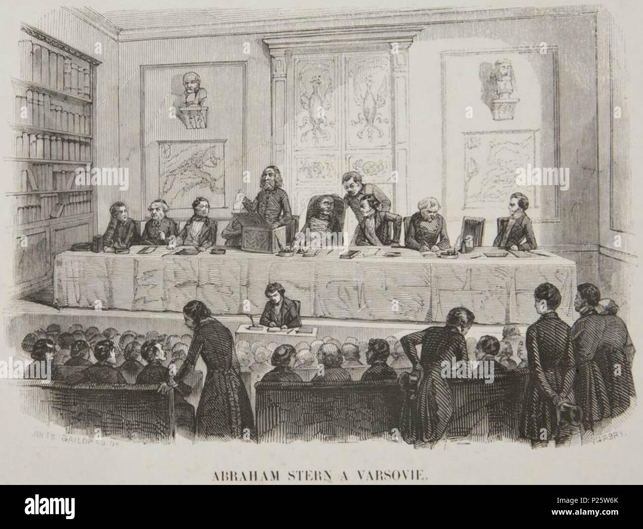 . Abramo Stern un Varsovie . Inglese: braham Stern dimostrando una delle sue macchine per calcolare in Varsavia (in sedute pubbliche degli amici di scienza Società, Stern ebraica vestiti tra tailcoats nera indossata dai suoi colleghi sempre perplesso di fronte persone che non erano consapevoli del fatto che egli era) עברית: אברהם שטרן מדגים את פעולתה של אחת ממכונותיו בפני אגודת ידידי המדע בוורשה. אוסף המוזיאון הלאומי בקרקוב. Polski: Abraham Stern na posiedzeniu Towarzystwa Przyjaciół Nauk, Muzeum Narodowe w Krakowie. . Prima di 1830 4 Abramo Stern un Varsovie Foto Stock
