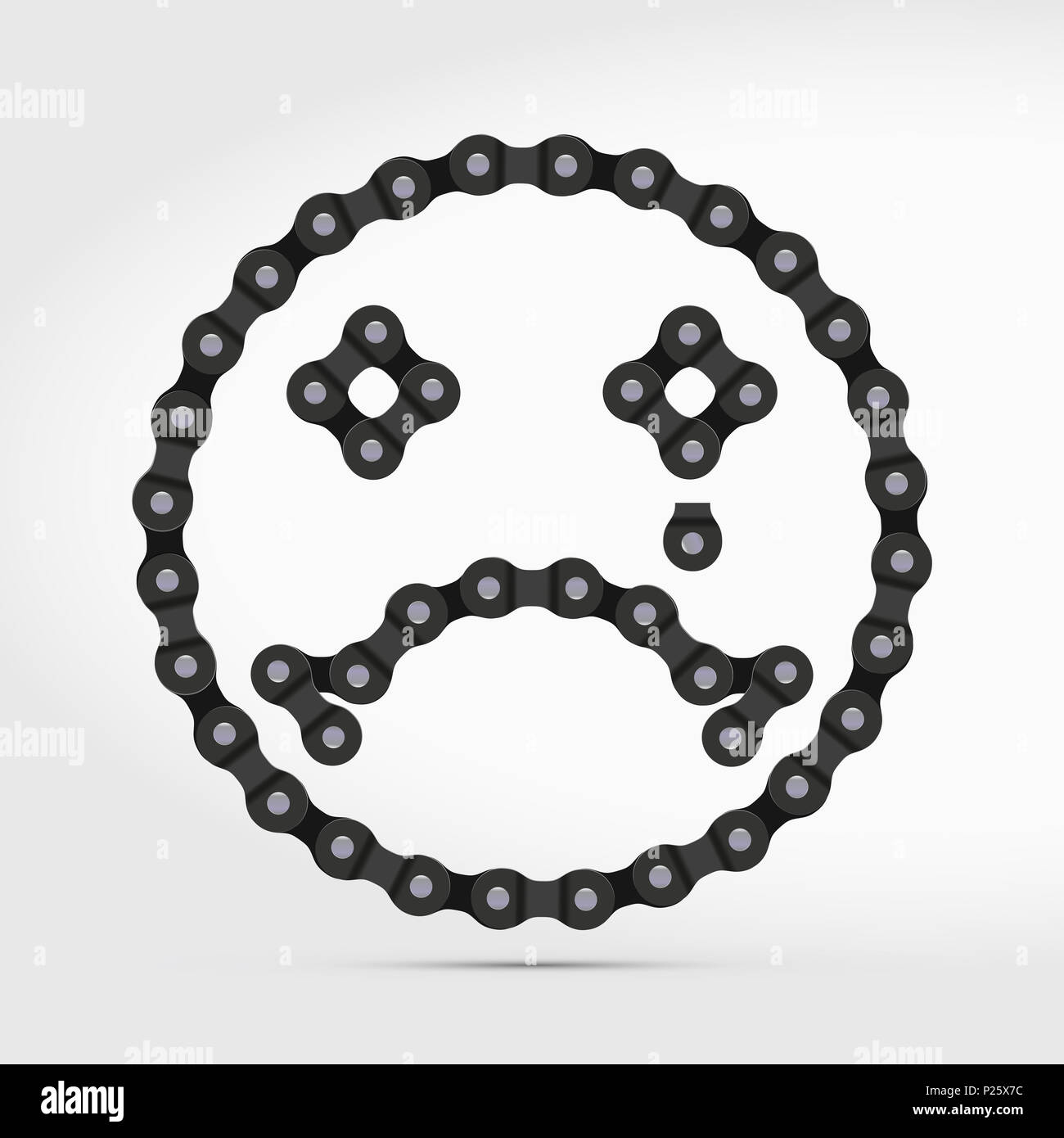 Faccina triste icona resa della bicicletta o catena per bicicletta. Triste gli Emoji con lacerazione. Faccia infelice. Hi-Detailed catena di bicicletta. Illustrazione realistica per il Graphic Design, Web Foto Stock