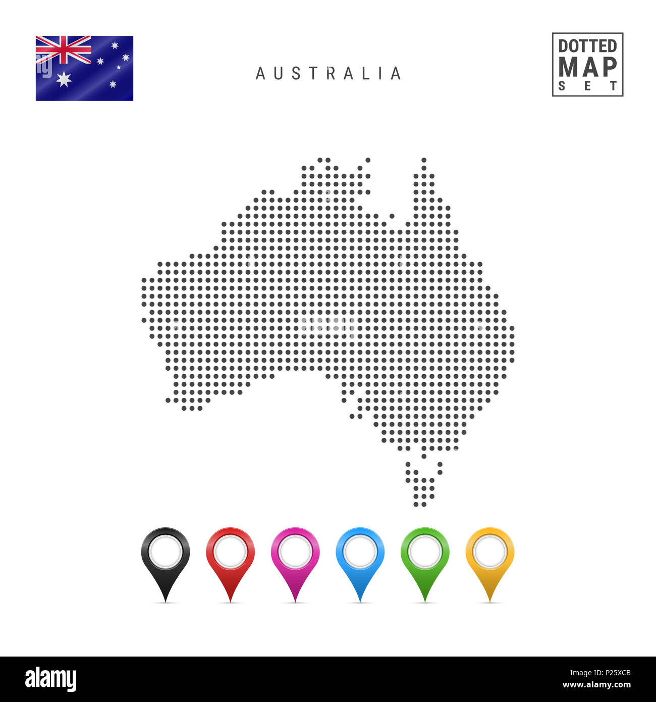 Mappa punteggiata di Australia. Semplice silhouette dell'Australia. La bandiera nazionale dell'Australia. Insieme multicolore i marcatori mappa. Illustrazione isolati su Whi Foto Stock