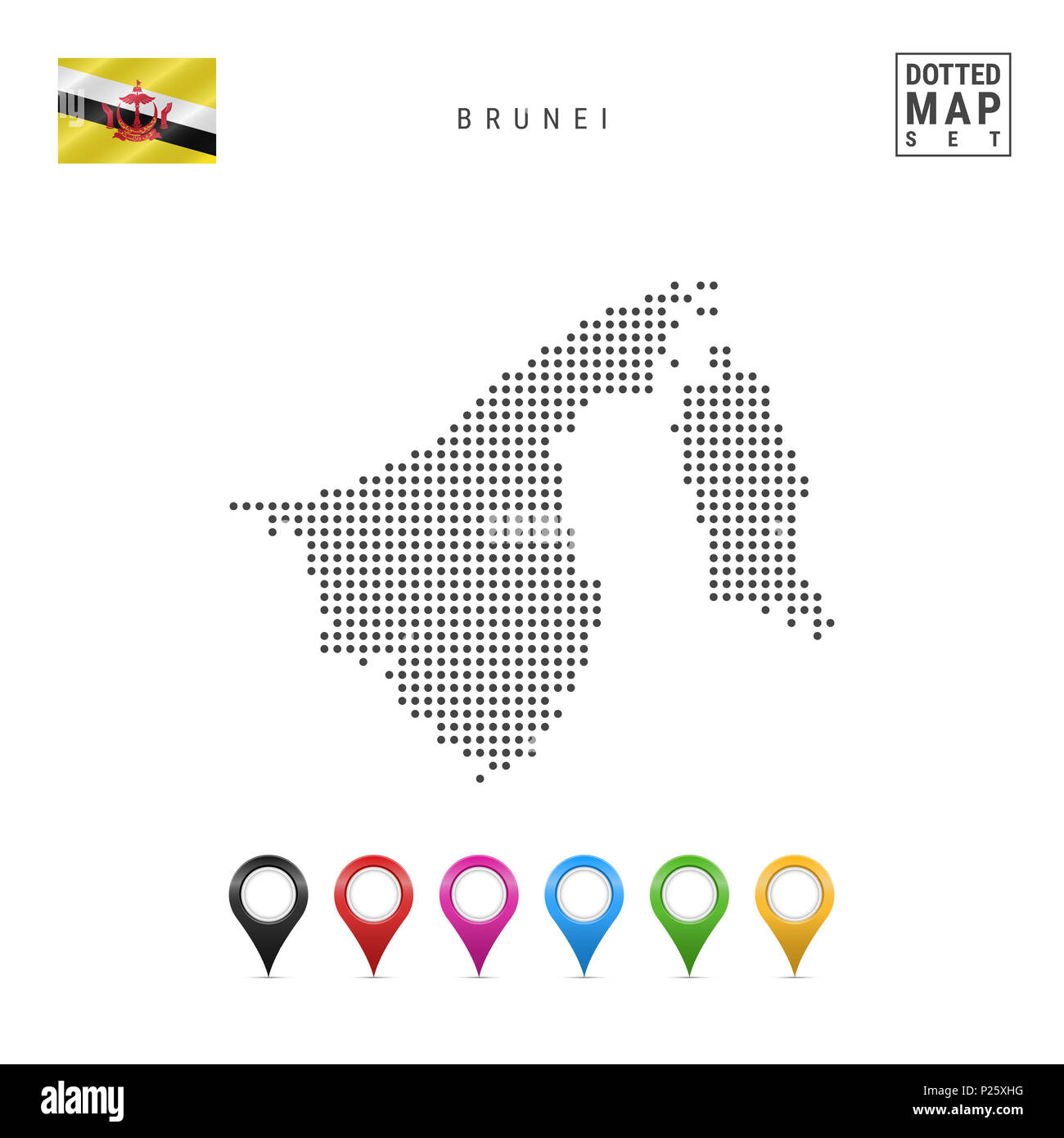 Mappa punteggiata di Brunei. Semplice Silhouette di Brunei. La bandiera nazionale di Brunei. Insieme multicolore i marcatori mappa. Illustrazione isolato su bianco Backgr Foto Stock
