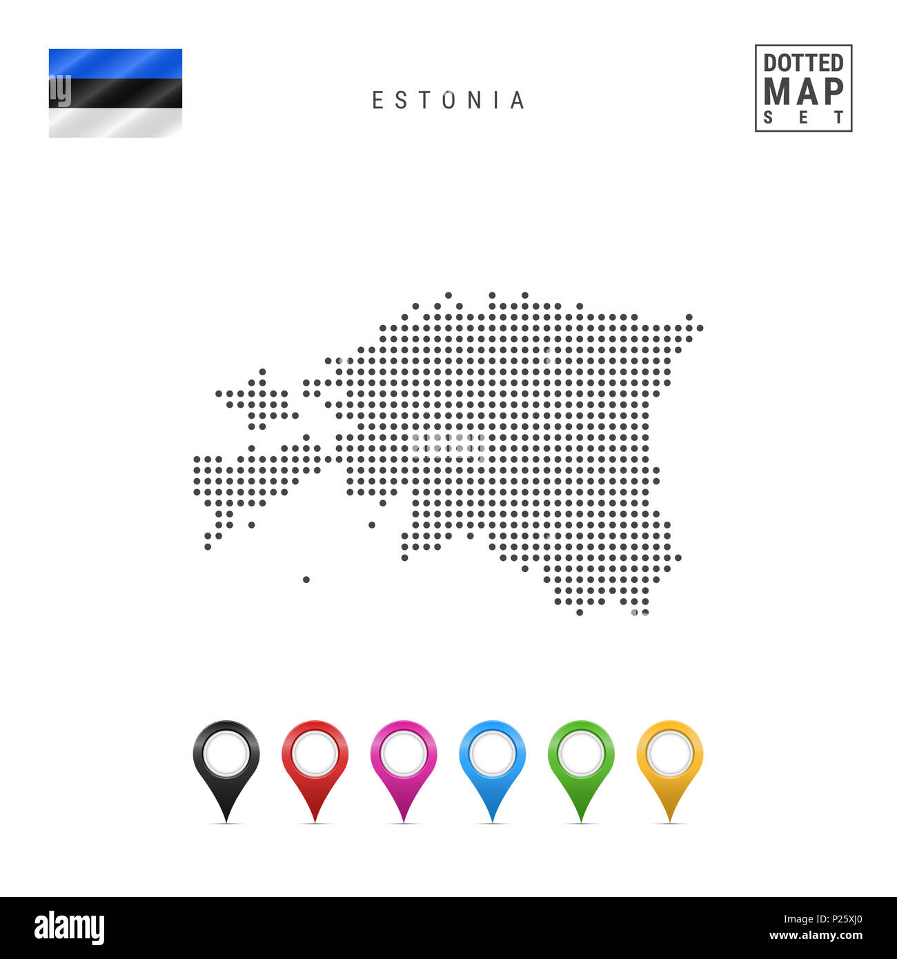Mappa punteggiata di Estonia. Semplice silhouette dell'Estonia. La bandiera nazionale dell'Estonia. Insieme multicolore i marcatori mappa. Illustrazione isolato su bianco Bac Foto Stock