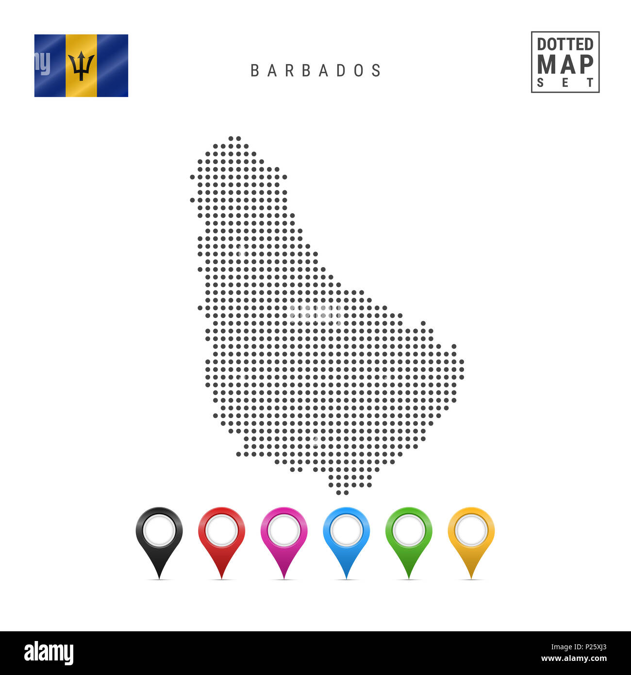 Mappa punteggiata di Barbados. Semplice Silhouette di Barbados. La bandiera nazionale di Barbados. Insieme multicolore i marcatori mappa. Illustrazione isolato su bianco Foto Stock
