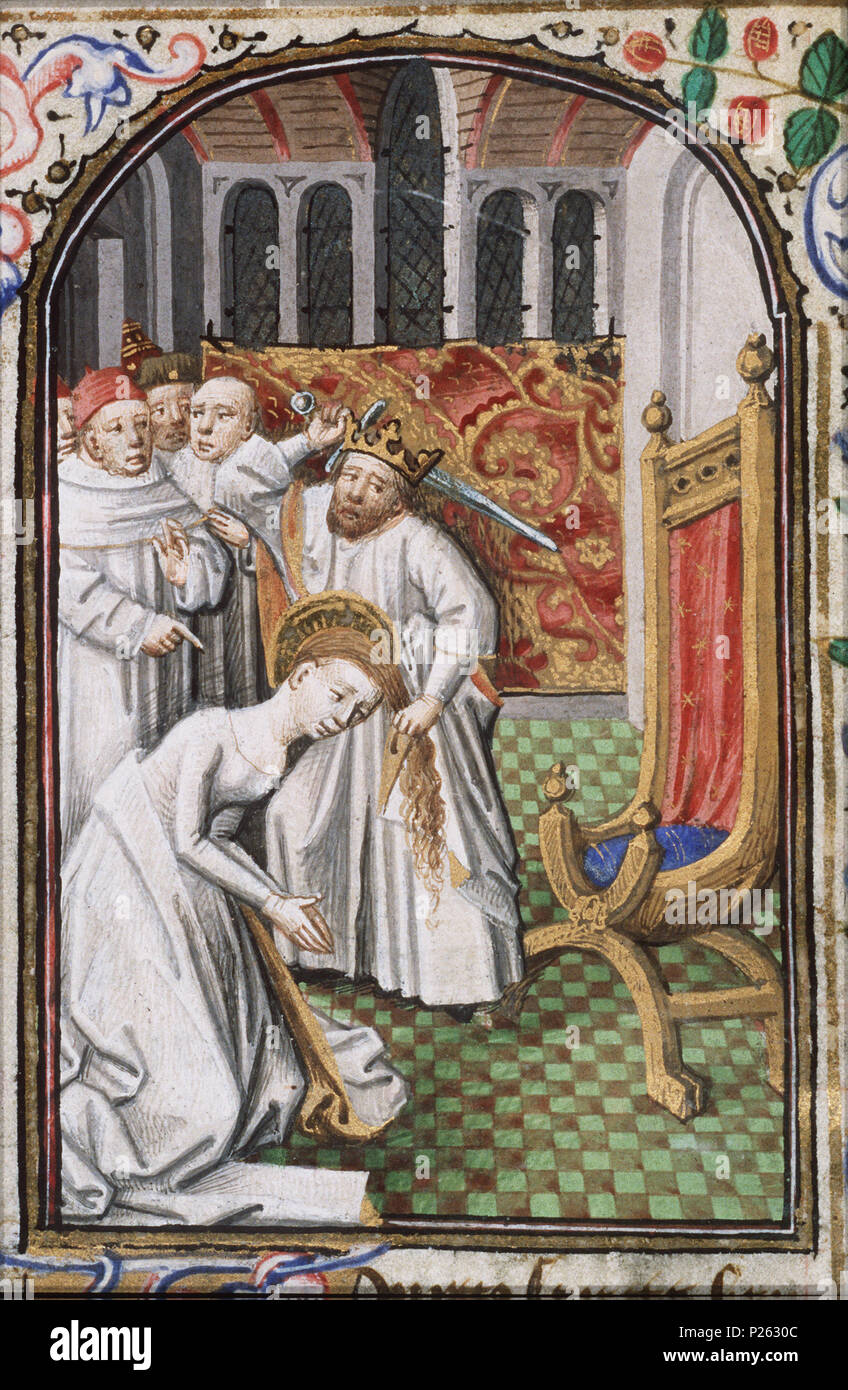 . Il martirio di Santa Barbara - ella è decapitato da suo padre Dioscuros - miniaturizzato da folio 019vfrom Libro d Ore di Simon de Varie - KB 74 G37a . Il martirio di Santa Barbara - ella è decapitato da suo padre Dioscuros - miniaturizzato da folio 019v dal Libro d Ore di Simon de Varie - KB 74 G37a gli argomenti illustrati in questa miniatura a Santa Barbara è decapitato da suo padre dioscuros, che di solito indossa un turbante e brandisce un scimitar (spada); talvolta dioscuros è colpito da un fulmine (11HH(BARBARA)68) Presa di qualcuno per i capelli (31A25441) morte violenta per decapitazione (31E23621) Questo Foto Stock