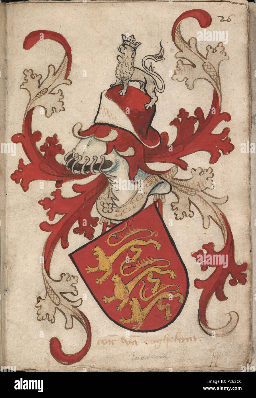 . Nederlands: Coninc van Enghelant - Koning van Engeland - Folium 26r van het Wapenboek Nassau-Vianden uit de collectie van de Koninklijke Bibliotheek. Inglese: Coninc van Enghelant - Re di Inghilterra - Folium 26r dal Nassau-Vianden armorial dalla collezione della Biblioteca nazionale dei Paesi Bassi. . Nederlands: Het is niet duidelijk hoe de heraut zich de relatie tussen Engelbrecht II van Nassau en het Engelse koningshuis precies voorstelde. Volgens oude genealogiën trad Willem V hertog van Gulik (ca. 1299-1361) [zie fol. 25r] in het huwelijk met ene Philipp(a)a, dochter van Edwar Foto Stock