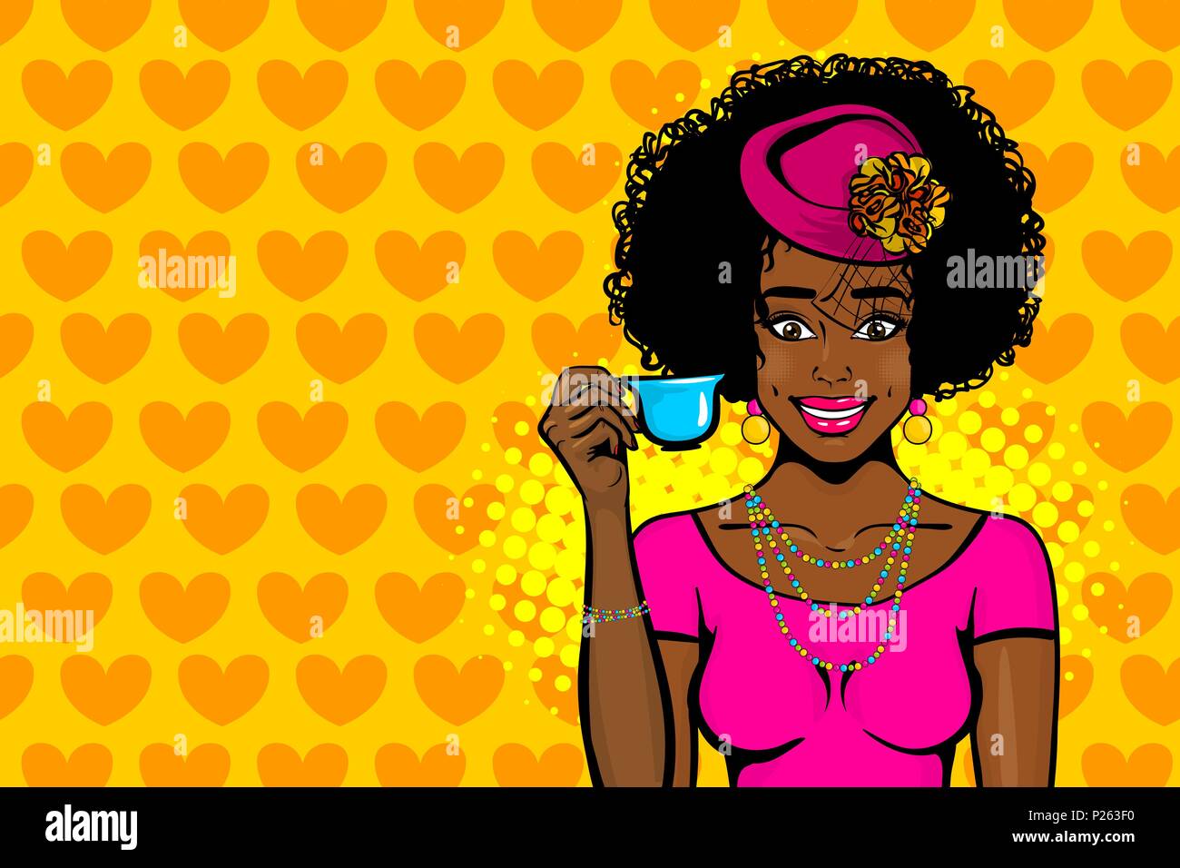 Black afro giovane donna pop art. Elegantemente vestito in una bella retrò hat e abiti alla moda sorge e beve il tè. Illustrazione Vettoriale